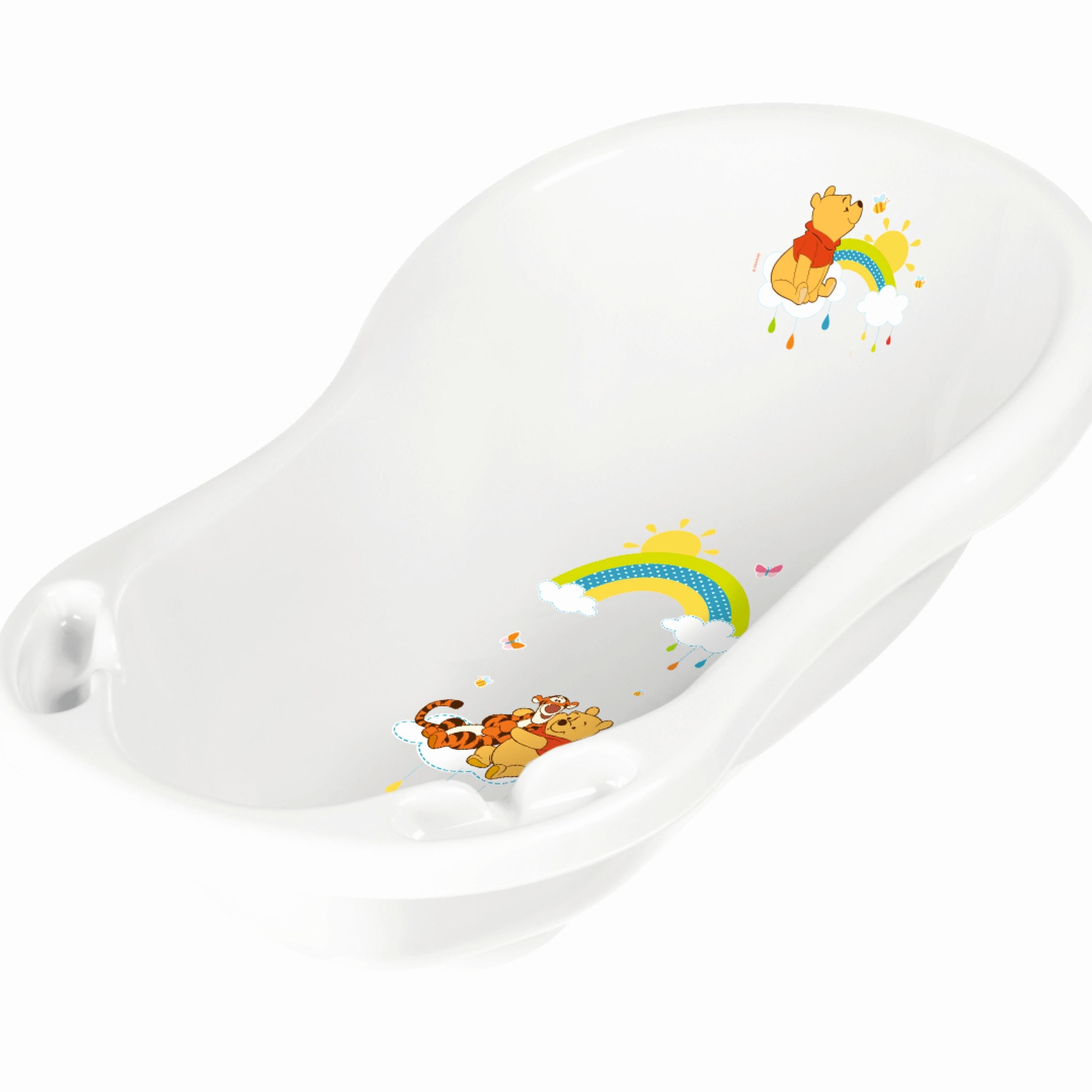 Disney Winnie Pooh baignoire bébé blanche 84 cm + support de bain + tuyau d'évacuation + gant de toilette