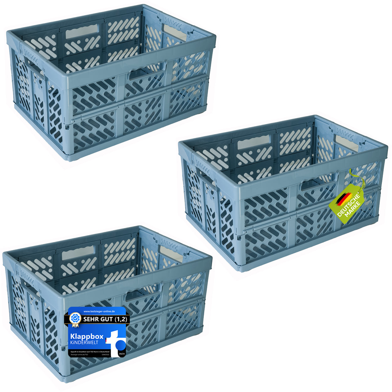 KiNDERWELT 3 x Robuste Profi - Klappbox 45 L bis 50 kg - Faltbox, Kiste, Korb zur Aufbewahrung, Transport - blau