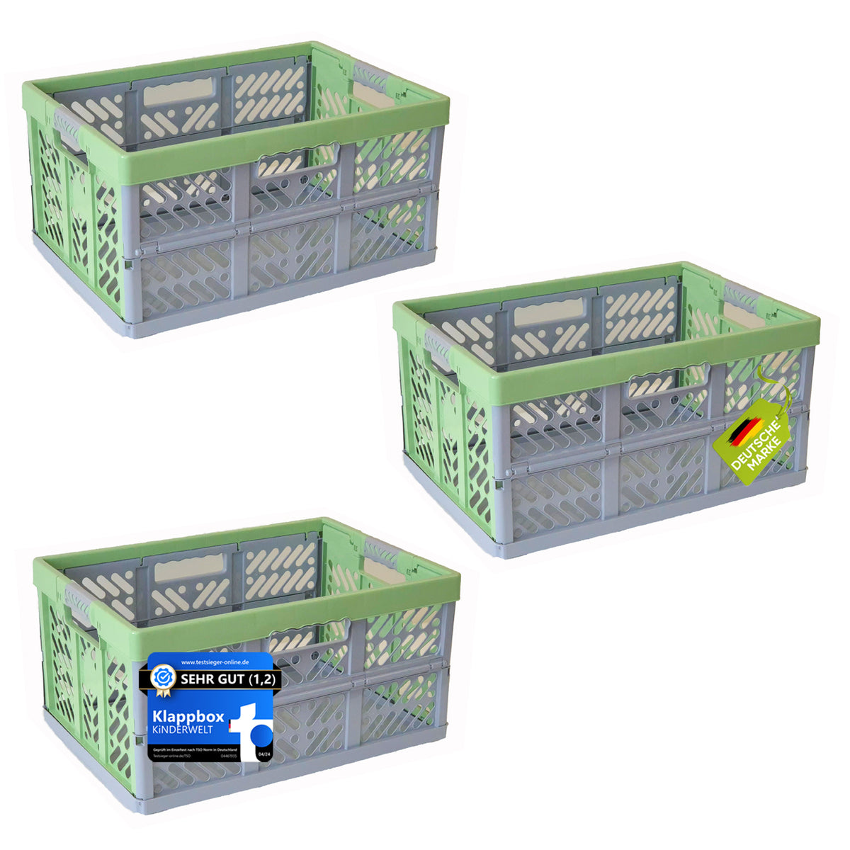 KiNDERWELT 3 x Robuste Profi - Klappbox 45 L bis 50 kg - Faltbox, Kiste, Korb zur Aufbewahrung, Transport - grün