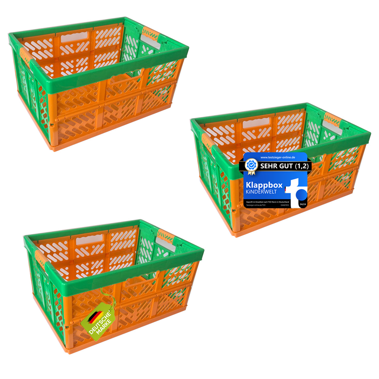 KiNDERWELT 3 x Robuste Profi - Klappbox 45 L bis 50 kg - Faltbox, Kiste, Korb zur Aufbewahrung, Transport - orange