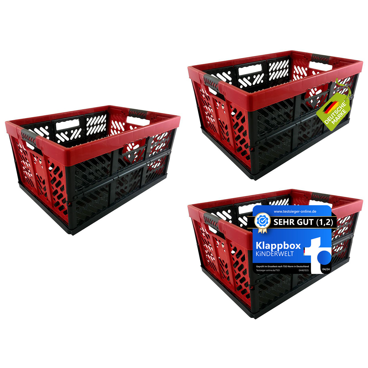3 boîtes pliantes professionnelles certifiées TÜV Rheinland. Caisse plastique pliable 45 L à 50 kg anthracite/rouge