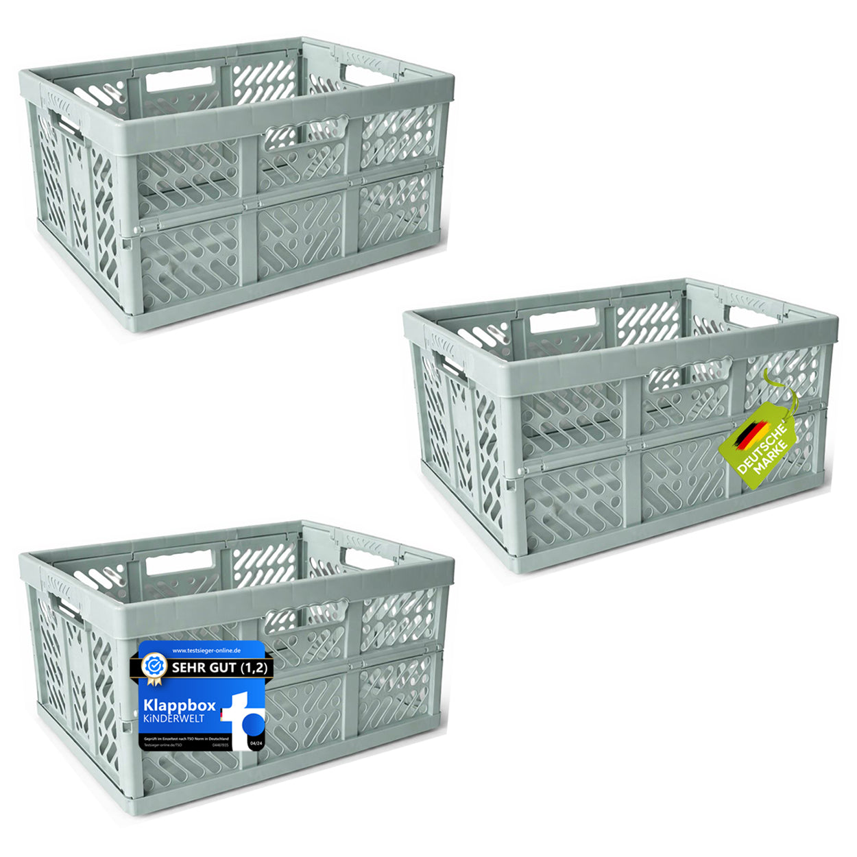 KiNDERWELT 3 x Robuste Profi - Klappbox 45 L bis 50 kg - Faltbox, Kiste, Korb zur Aufbewahrung, Transport - mintweiss