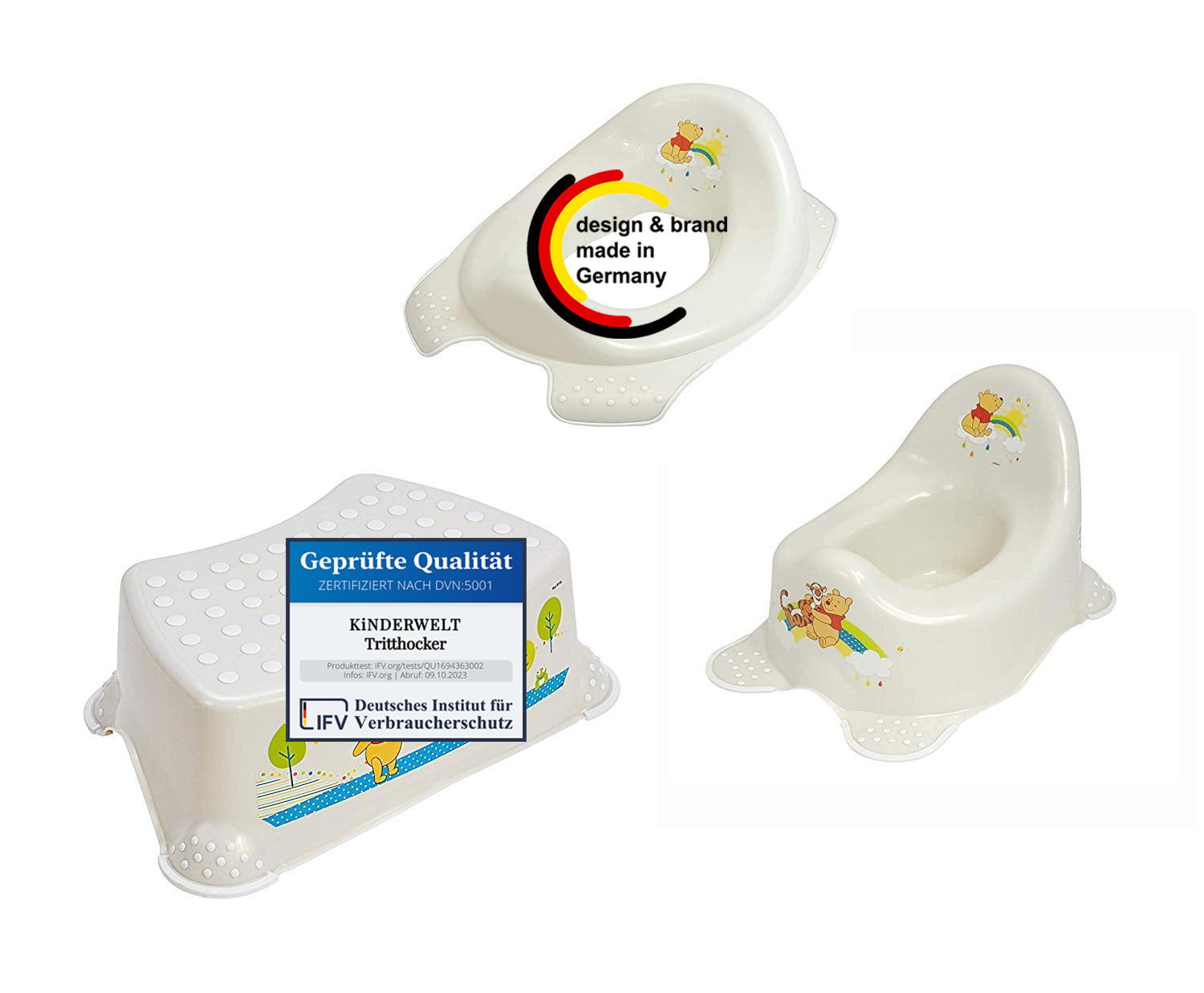 3er Set : Perl Premium Disney Winnie Puuh perlweiß Kinder-Toilettensitz + Tritthocker + Töpfchen Toilettentrainer