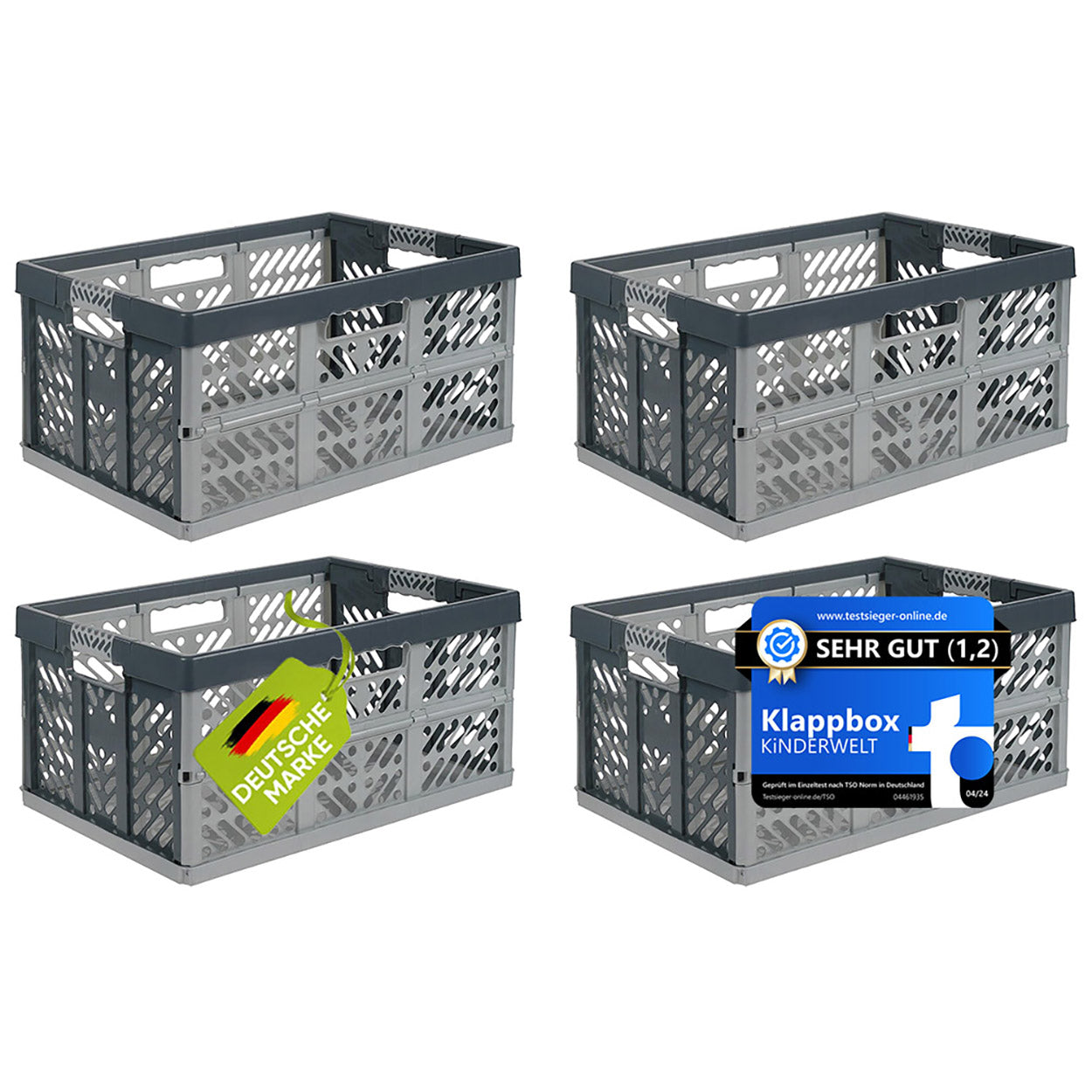 4 x boîtes pliantes professionnelles robustes avec poignées soft-touch, 54 x 37 x 28 cm, 45 l, Ben, gris clair