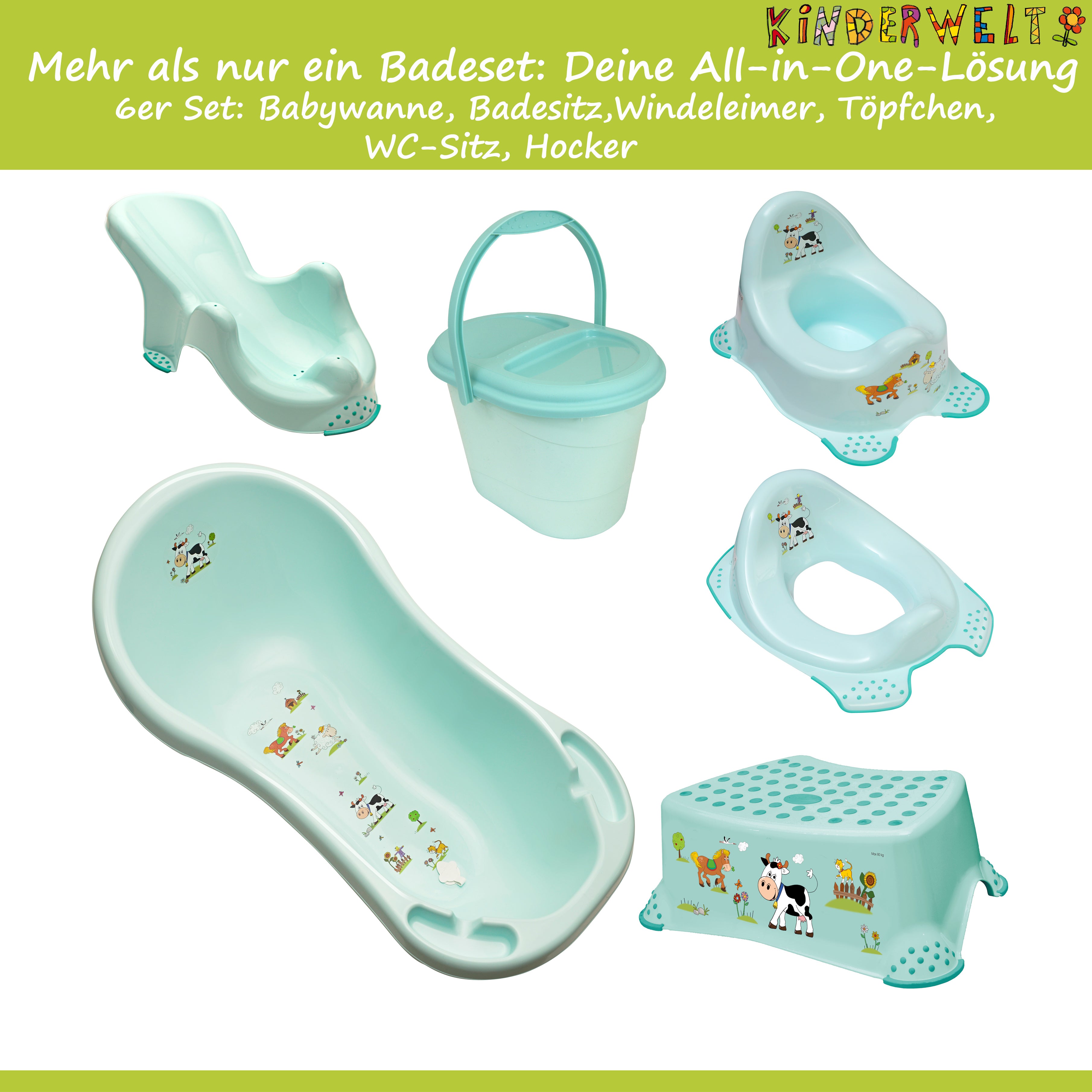 6er Set Funny Farm aqua Babywanne XXL + Badesitz + Topf + WC+ Hocker + Eimer