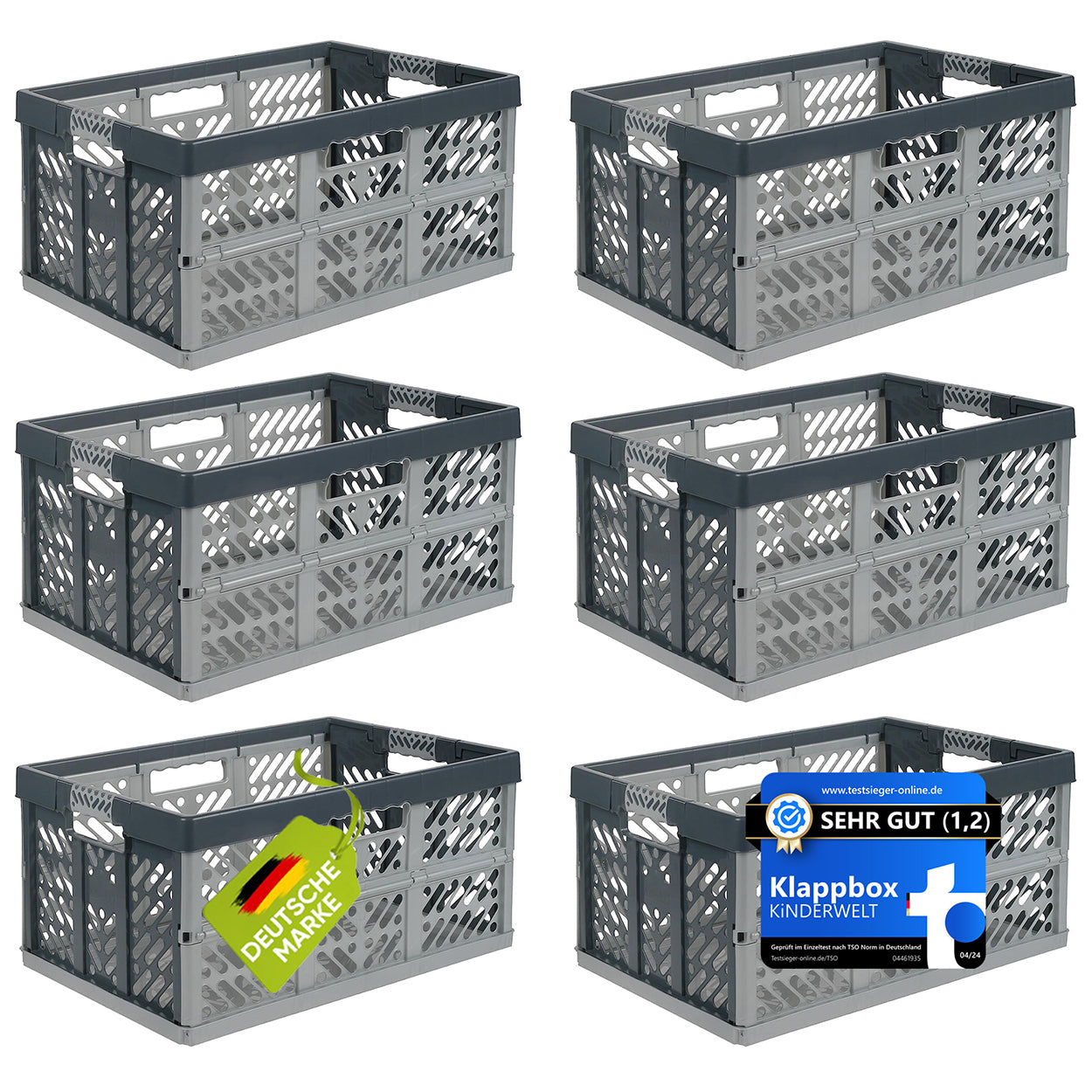 6 x boîtes pliantes professionnelles certifiées TÜV. Caisse pliante argent/gris de 45 L à 50 kg