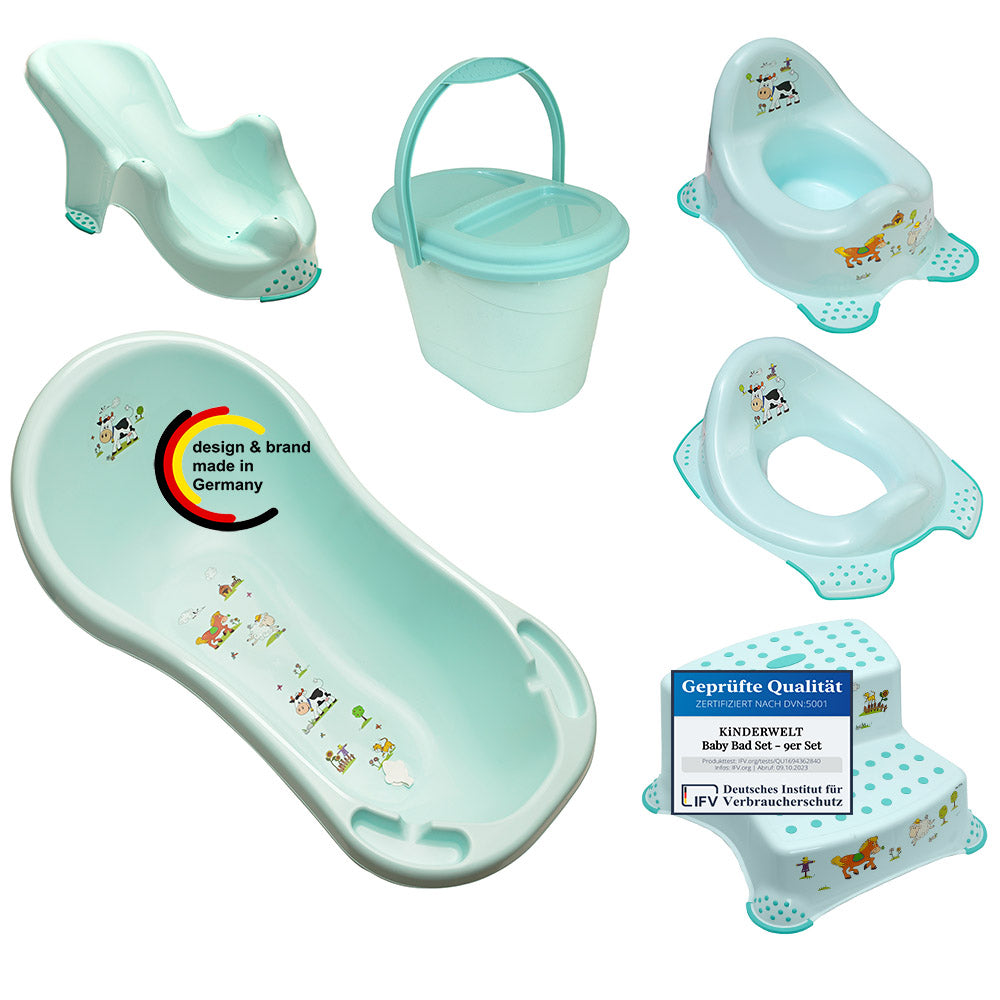 Z Lot de 6 baignoires Funny Farm aigue-marine XXL + siège de bain + pot + WC + tabouret + seau