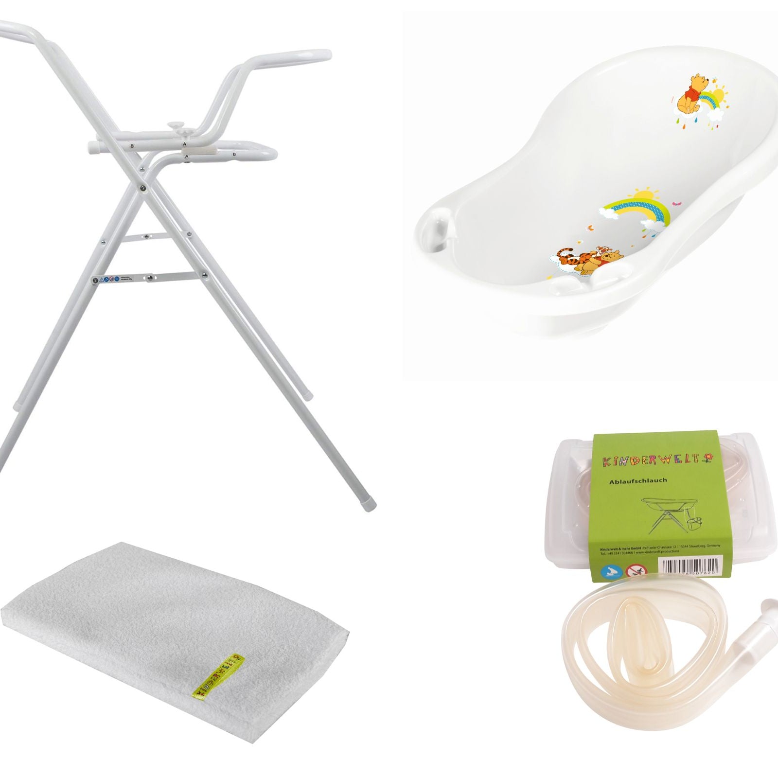 Disney Winnie Pooh baignoire bébé blanche 84 cm + support de bain + tuyau d'évacuation + gant de toilette