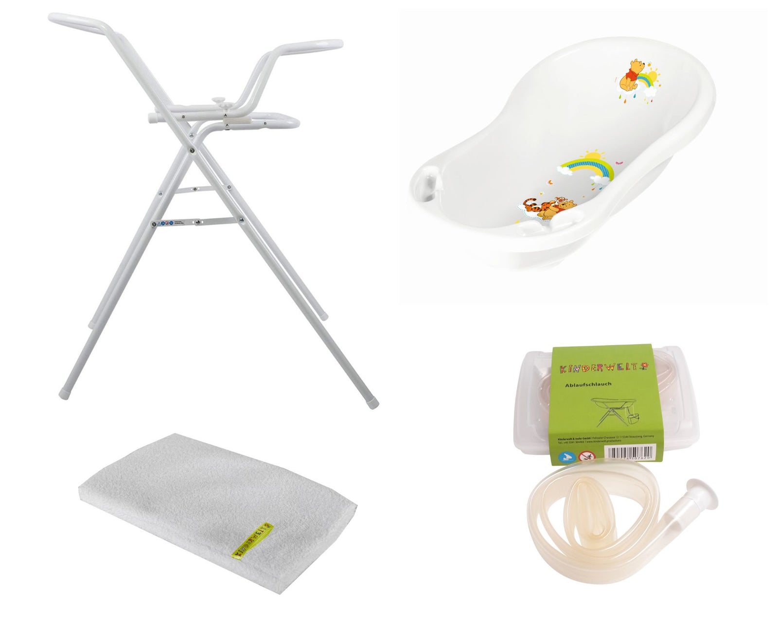 Disney Winnie Pooh baignoire bébé blanche 84 cm + support de bain + tuyau d'évacuation + gant de toilette