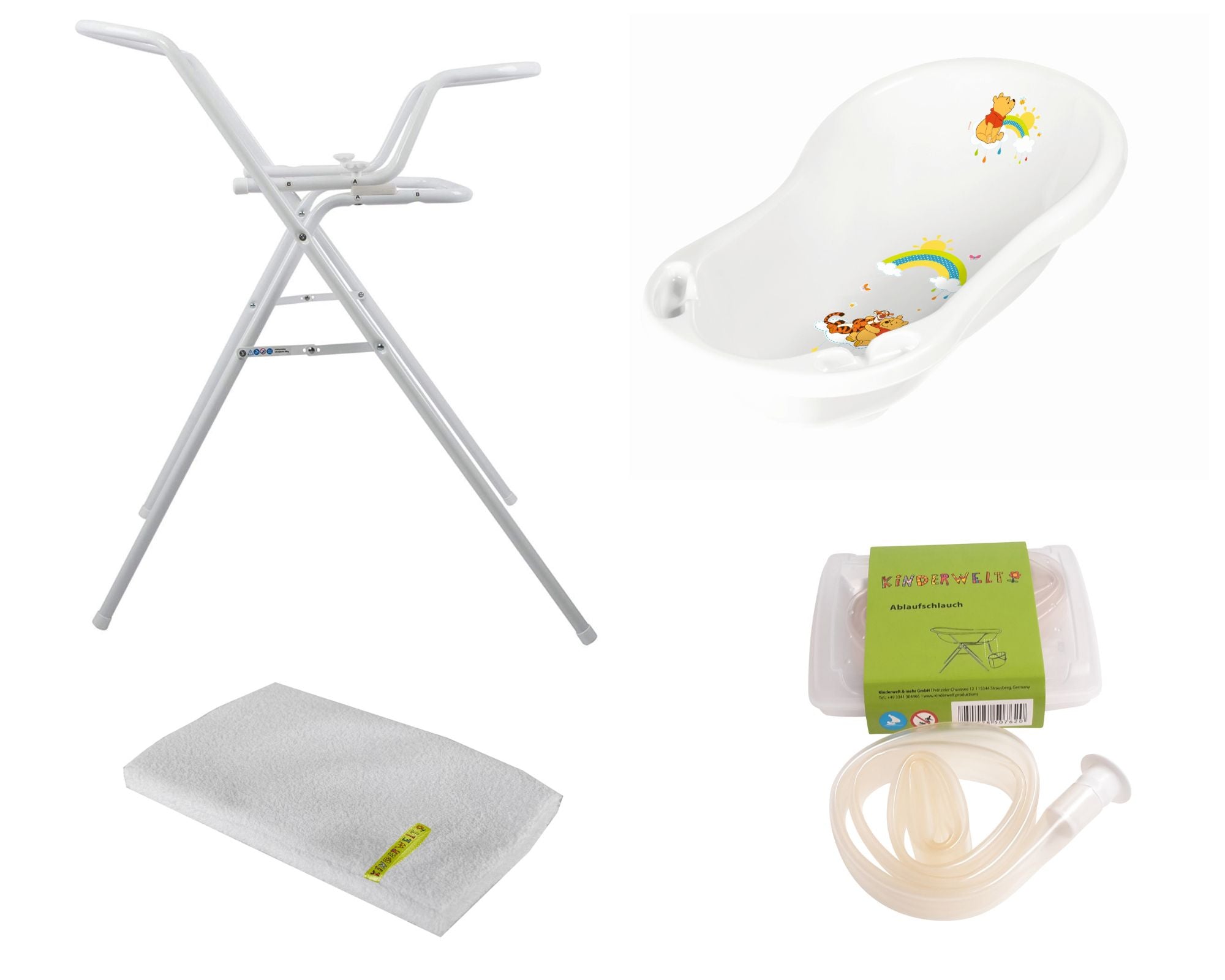 Disney Winnie Pooh baignoire bébé blanche 84 cm + support de bain + tuyau d'évacuation + gant de toilette
