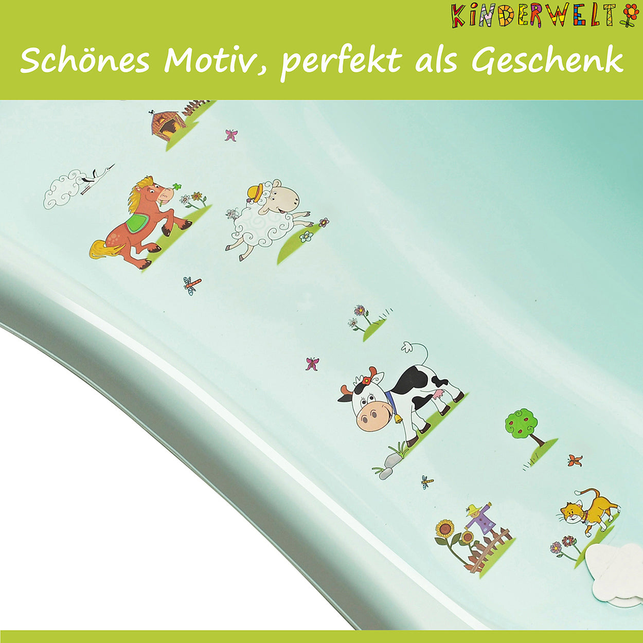 Ergonomische Premium Babybadewanne Funny Farm aquamarin 100 cm mit Ablaufstöpsel