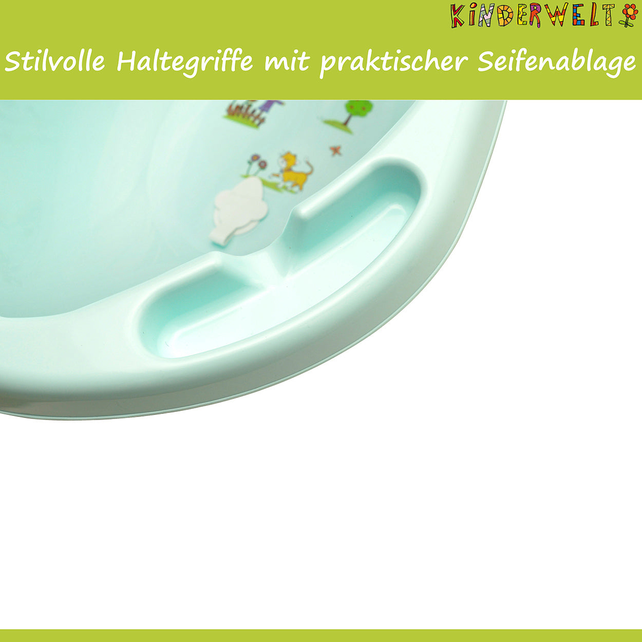 Ergonomische Premium Babybadewanne Funny Farm aquamarin 100 cm mit Ablaufstöpsel