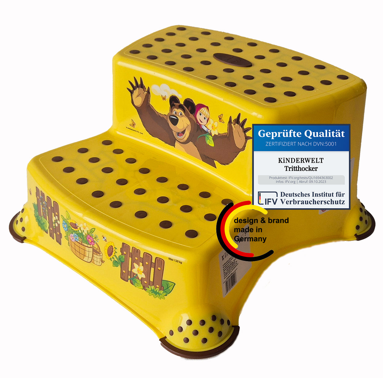 KiNDERWELT Premium zweistufiger Tritthocker für Kinder und Babys, gelb, Tritthocker 2 Stufen für Kleinkinder ab 3 Jahren, abwischbar, rutschfest und BPA-frei