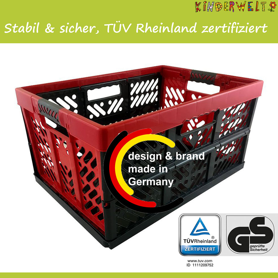 3 boîtes pliantes professionnelles certifiées TÜV Rheinland. Caisse plastique pliable 45 L à 50 kg anthracite/rouge