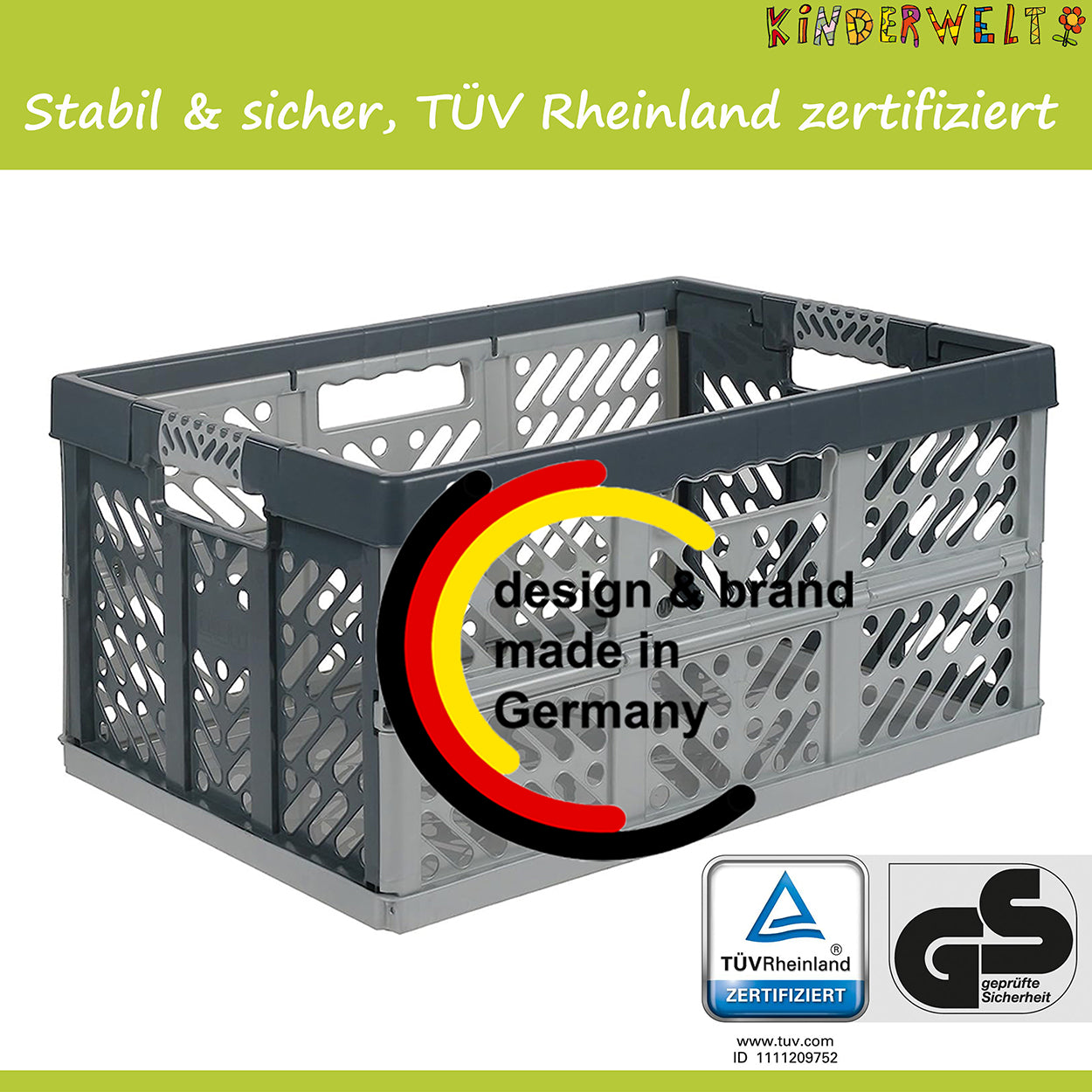 2 boîtes pliantes professionnelles certifiées TÜV Rheinland. Caisse plastique caisse pliante argent 45 L à 50 kg