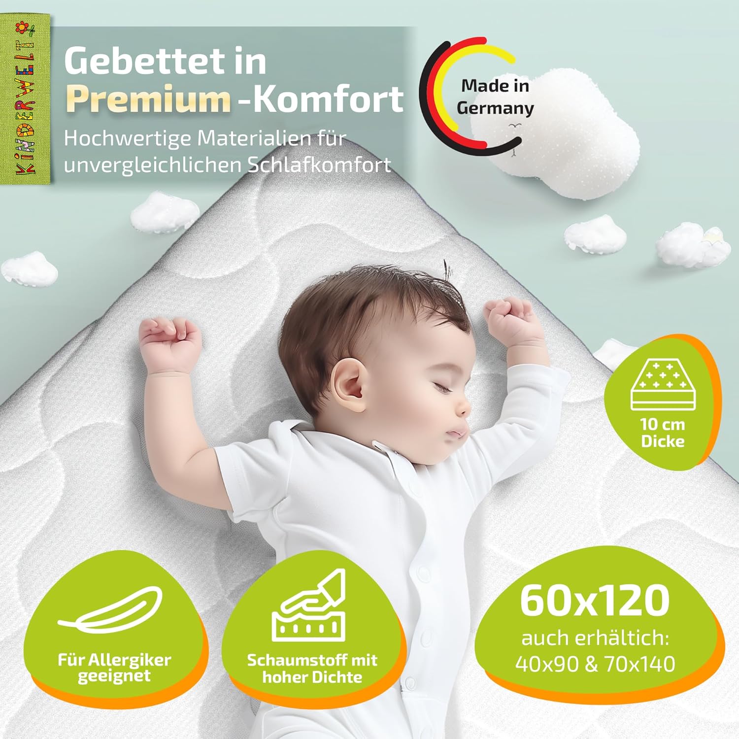 Baby Schaumkernmatratze mit Komfortbezug gesteppt Babymatratze Matratze 60 x 120 x 10 weiß