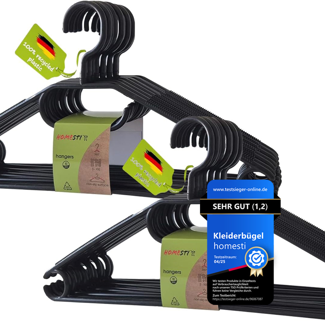 20 Stück multifunktioanale Premium Kleiderbügel aus 100% recyceltem Kunststoff Anti-Rutsch-Oberfläche, platzsparend mit Hosensteg und Haken für Krawatten
