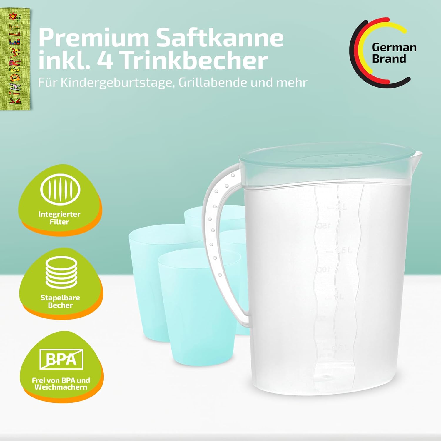 KiNDERWELT Premium Set Saftkanne 2 Liter Fassungsvermögen und Trinkbecher 4 x 250 ml, Saftkanne mit vielseitigem Deckel und integrierter Maßeinteilung, aquamarin aus Kunststoff