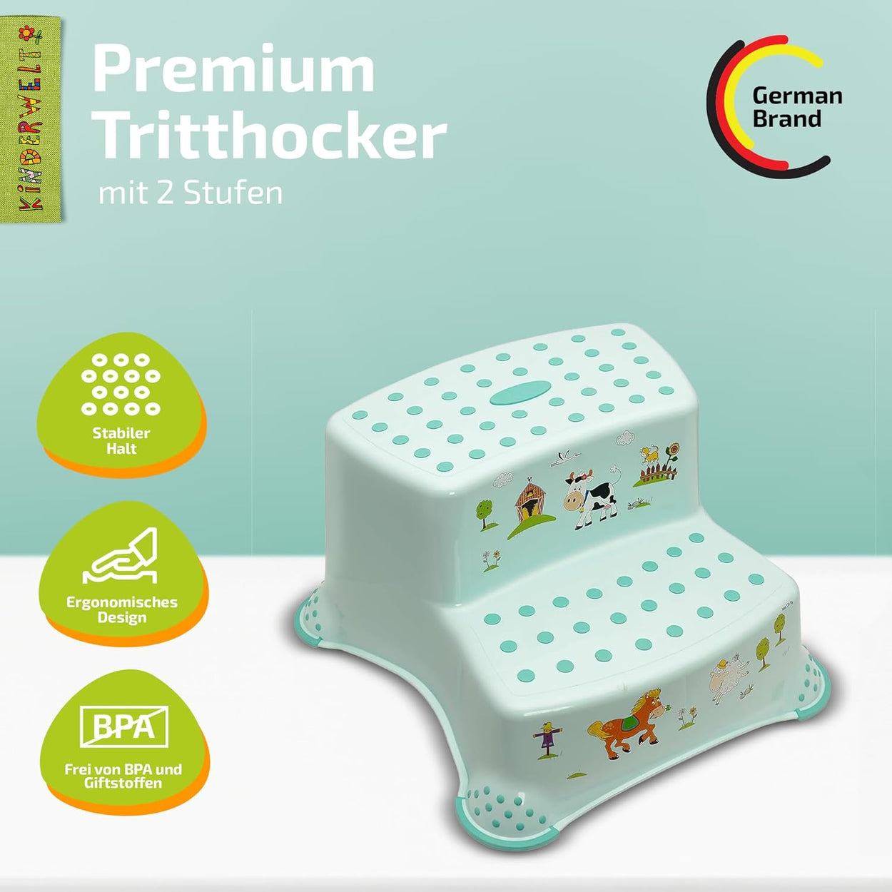 KiNDERWELT Premium zweistufiger Tritthocker für Kinder und Babys, gelb, Tritthocker 2 Stufen für Kleinkinder ab 3 Jahren, abwischbar, rutschfest und BPA-frei