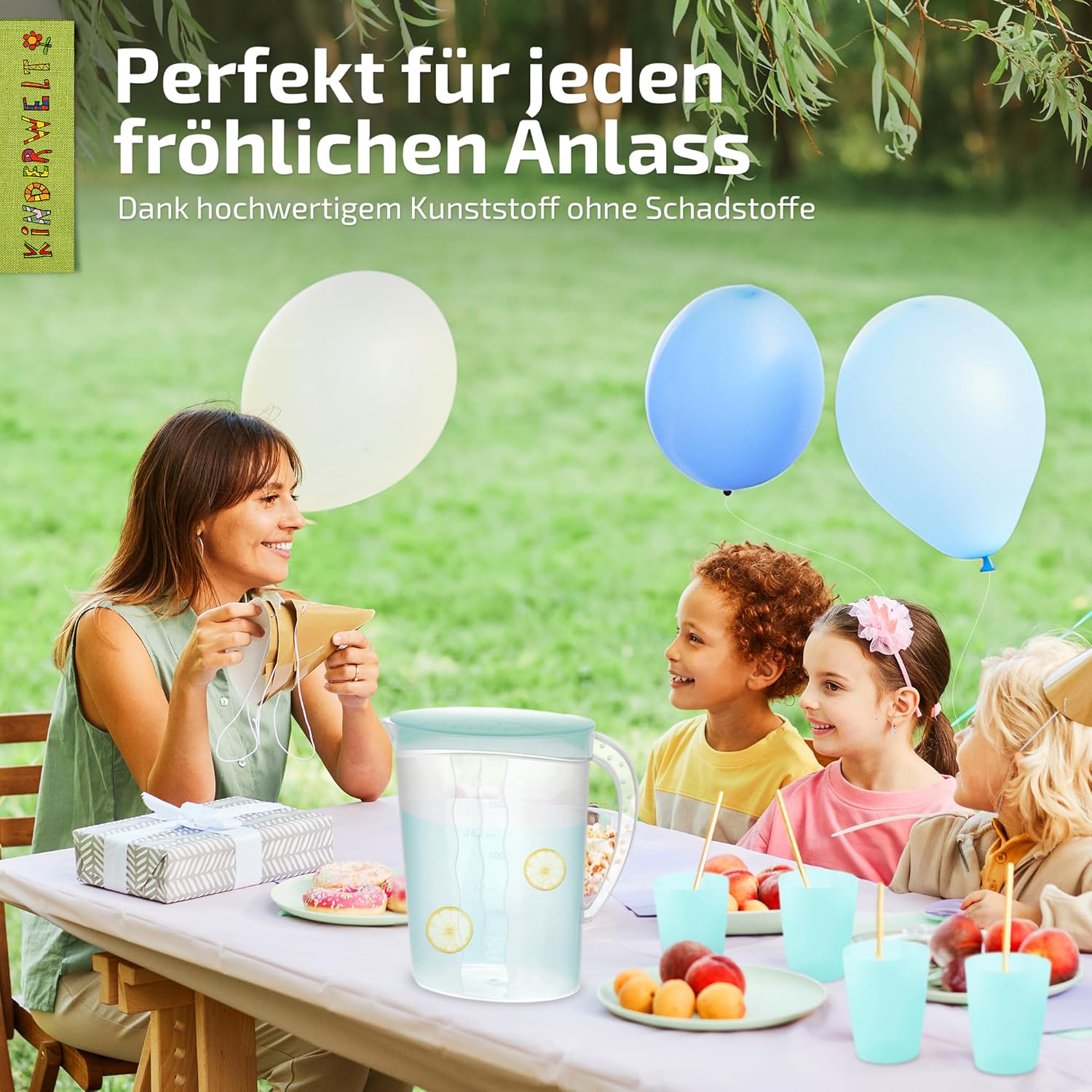 KiNDERWELT Premium Set Saftkanne 2 Liter Fassungsvermögen und Trinkbecher 4 x 250 ml, Saftkanne mit vielseitigem Deckel und integrierter Maßeinteilung,  aquamarin aus Kunststoff