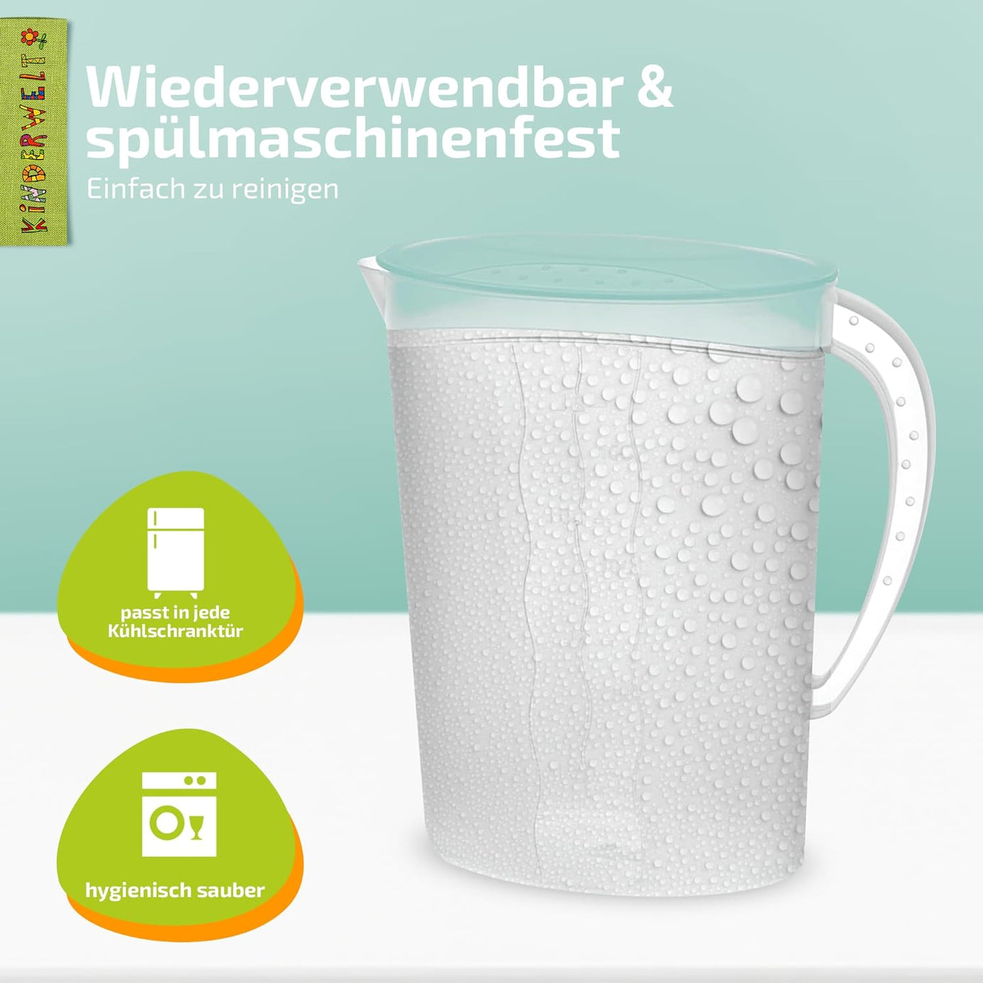 KiNDERWELT Premium Set Saftkanne 2 Liter Fassungsvermögen und Trinkbecher 4 x 250 ml, Saftkanne mit vielseitigem Deckel und integrierter Maßeinteilung,  aquamarin aus Kunststoff