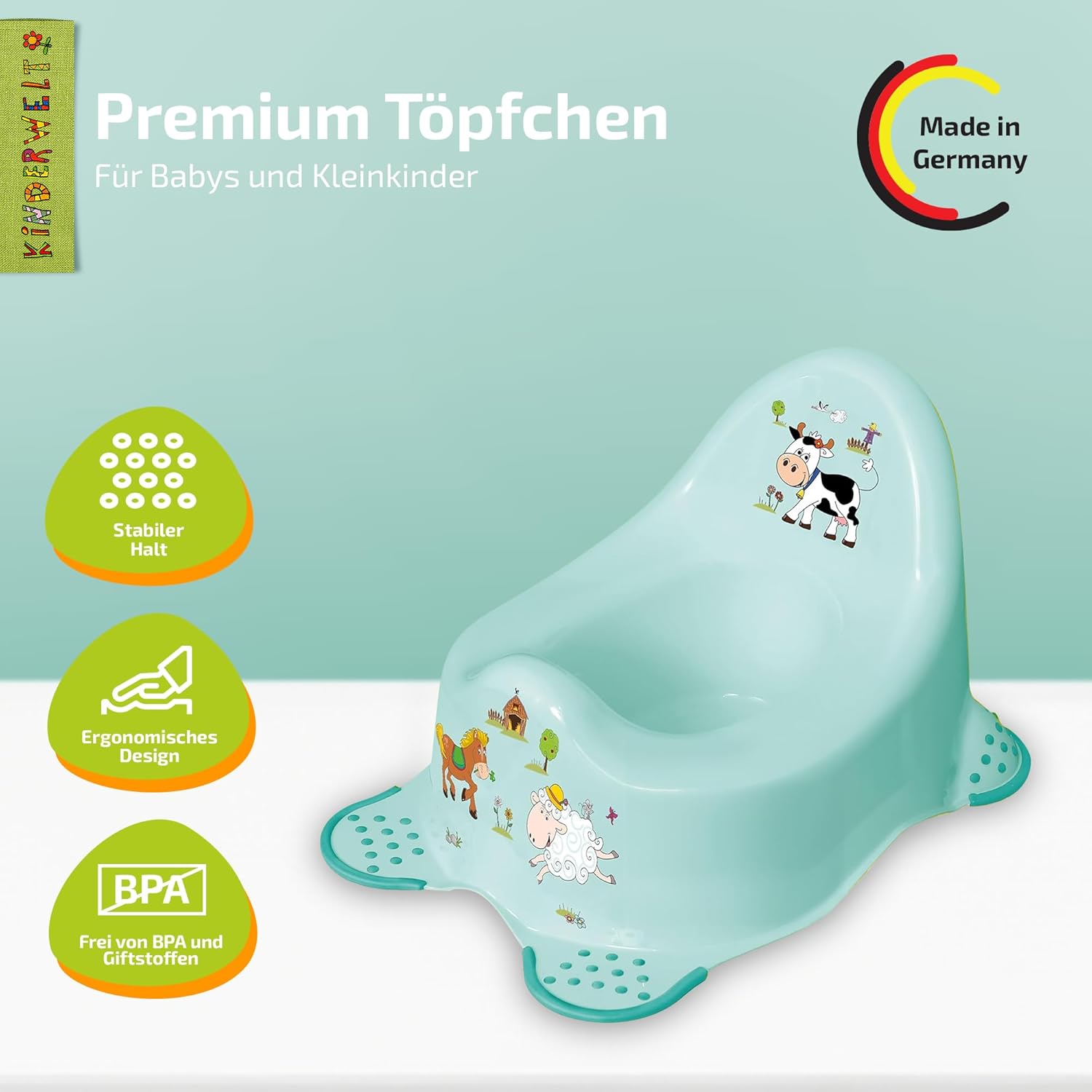 Pot premium Funny Farm aigue-marine pour bébés et enfants, pot bébé stable avec fonction antidérapante