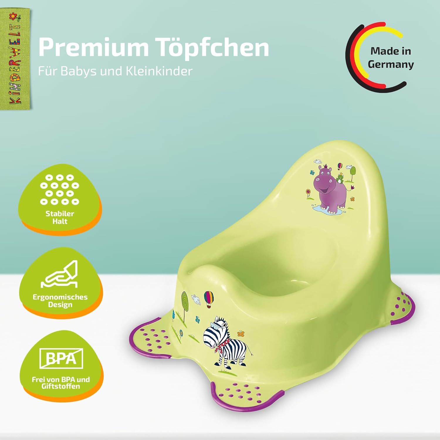 Pot Hippo vert pour bébés et enfants, pot bébé stable avec fonction antidérapante