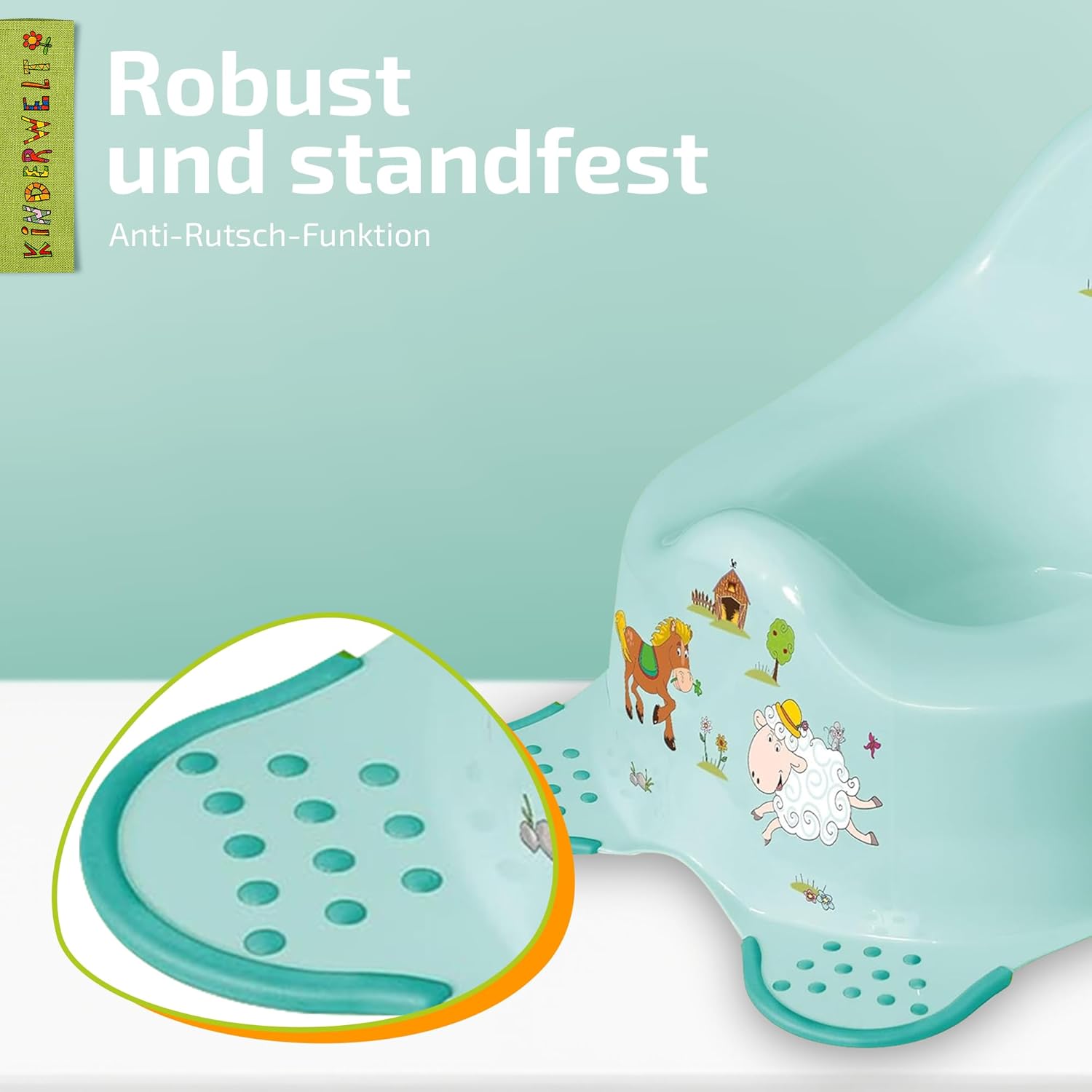 Pot premium Funny Farm aigue-marine pour bébés et enfants, pot bébé stable avec fonction antidérapante