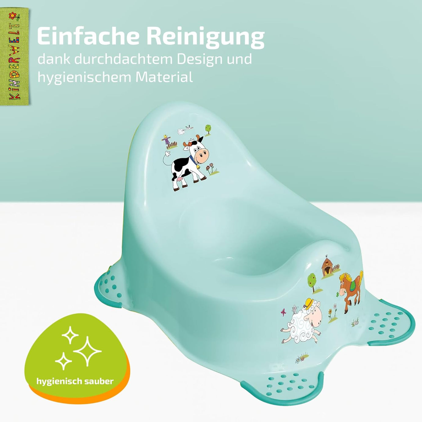 Pot premium Funny Farm aigue-marine pour bébés et enfants, pot bébé stable avec fonction antidérapante
