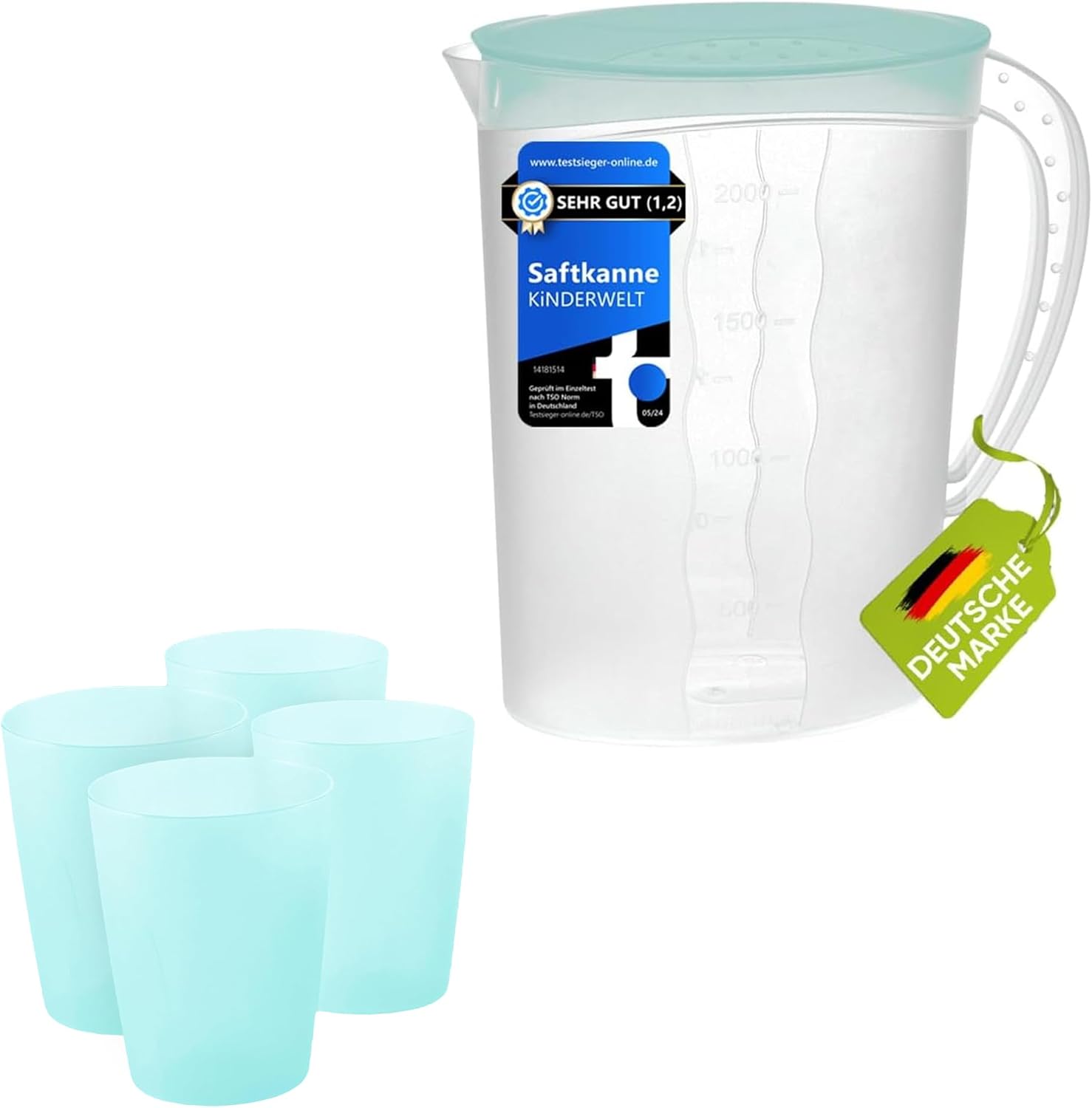 KiNDERWELT Premium Set Saftkanne 2 Liter Fassungsvermögen und Trinkbecher 4 x 250 ml, Saftkanne mit vielseitigem Deckel und integrierter Maßeinteilung, aquamarin aus Kunststoff