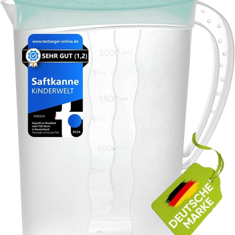Premium Saftkanne, 2 Liter Fassungsvermögen, mit vielseitigem Deckel und integrierter Maßeinteilung für kalte Getränke wie Saft, Eistee, Wasserkaraffe aus Kunststoff, optimaler Kühlschrankkrug