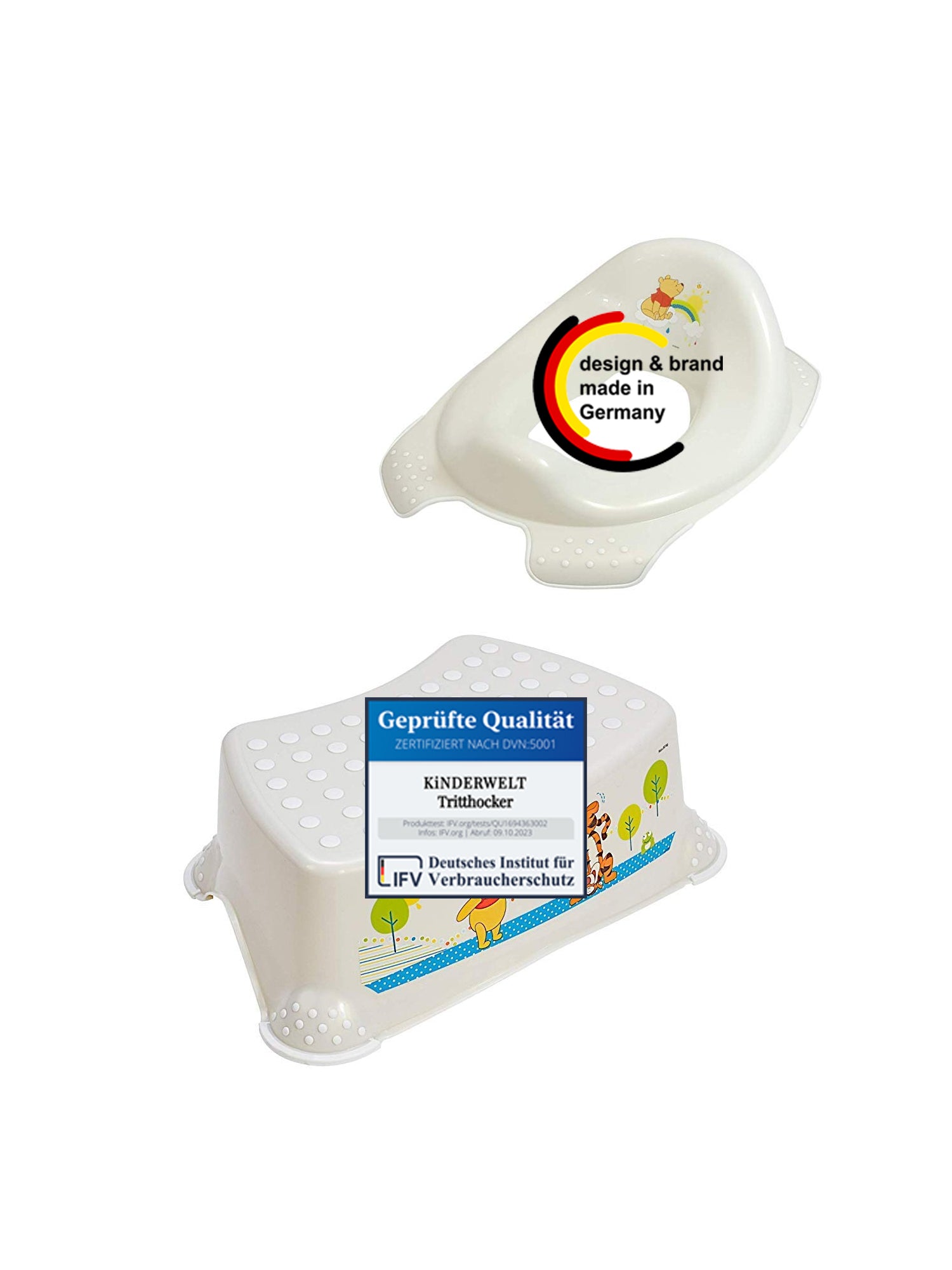 Lot de 2 : Abattant WC blanc nacré Winnie l'ourson + escabeau réducteur de toilettes