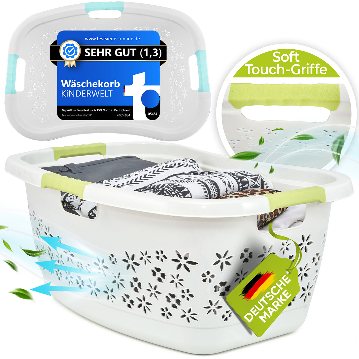 Premium laundry basket 50 L ergonomic shape - soft-touch handles - large basket white