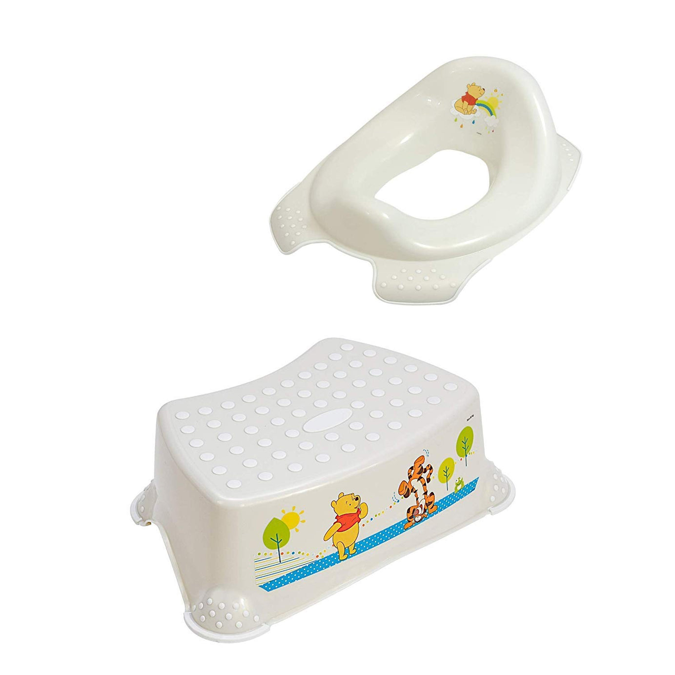 Lot de 2 : Abattant WC blanc nacré Winnie l'ourson + escabeau réducteur de toilettes