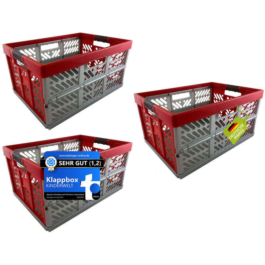 3 x Profi - Klappbox TÜV Rheinland zert. 45 L bis 50 kg Silber/rot Faltbox Kunststoff Box Kiste