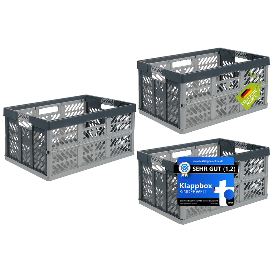 3 x professional folding box TÜV Rheinland certified 45 L up to 50 kg silver folding box plastic box crate