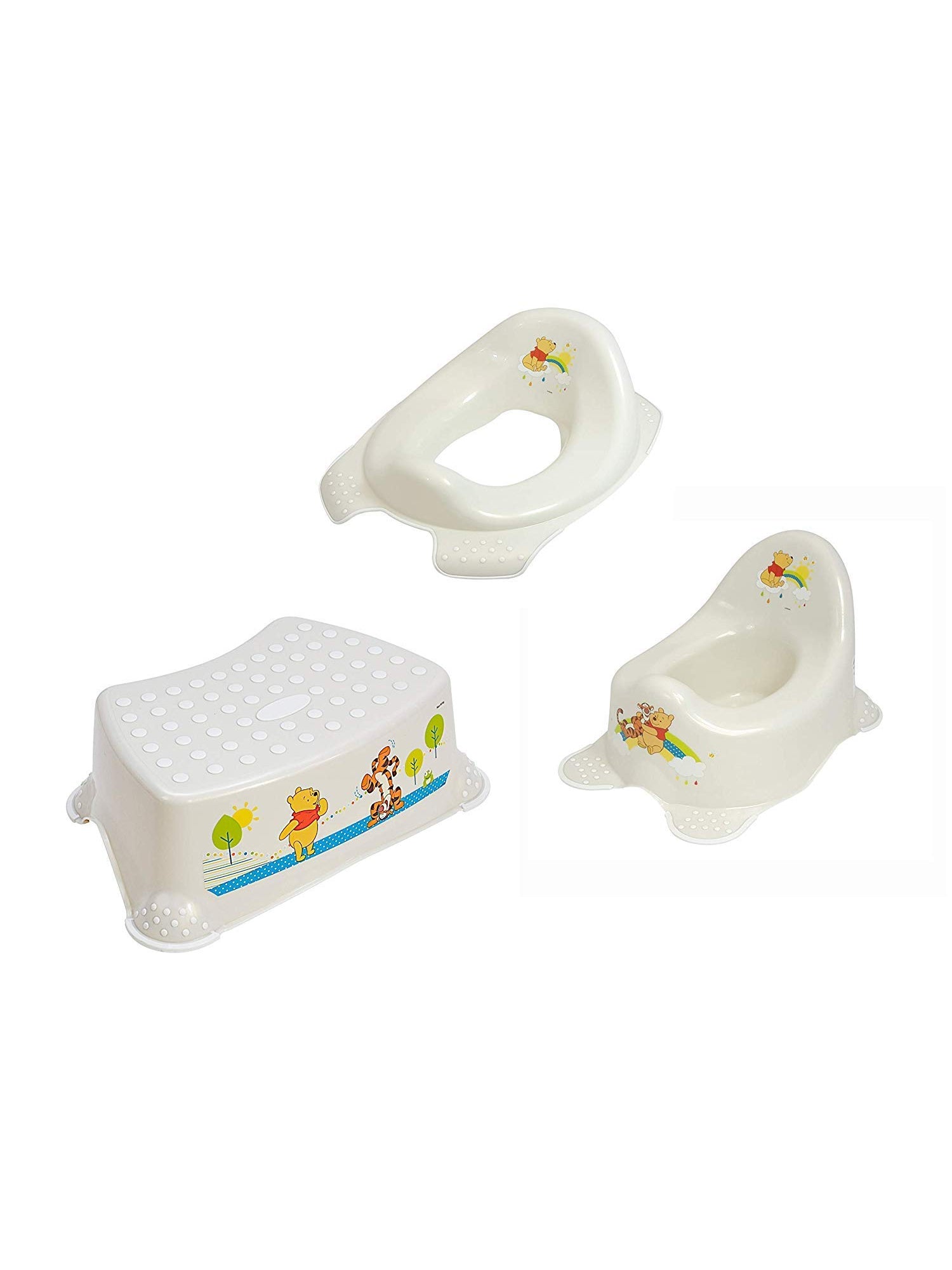 Set of 3: Perl Premium Disney Winnie the Pooh pearl white children's toilet seat + step stool + potty toilet trainer