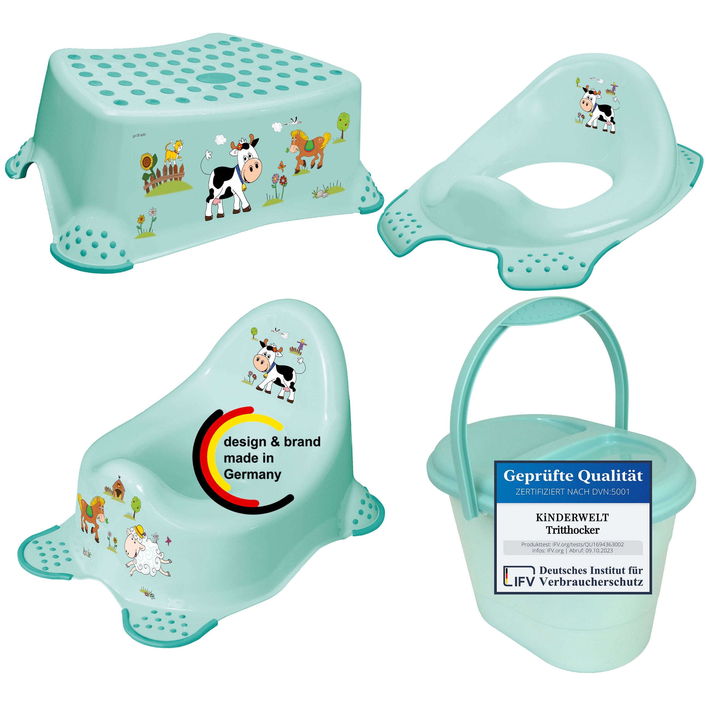 Funny aqua set of 4 children's potty + toilet seat + stool + diaper pail