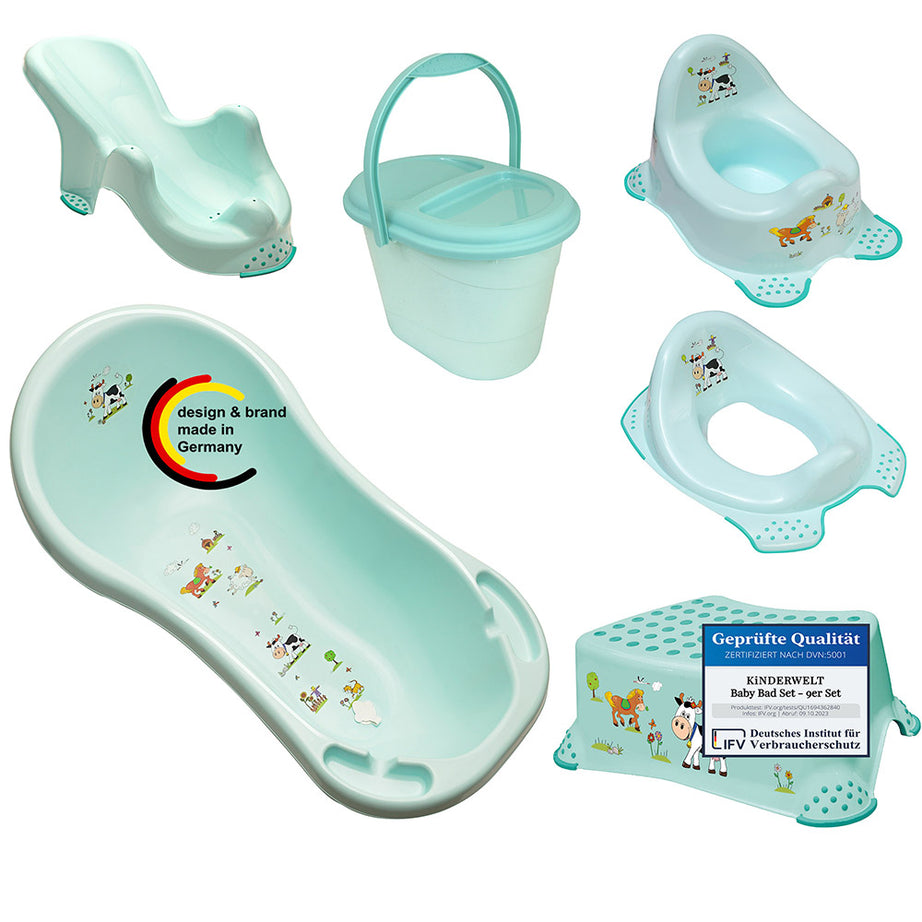 6er Set Funny Farm aqua Babywanne XXL + Badesitz + Topf + WC+ Hocker + Eimer