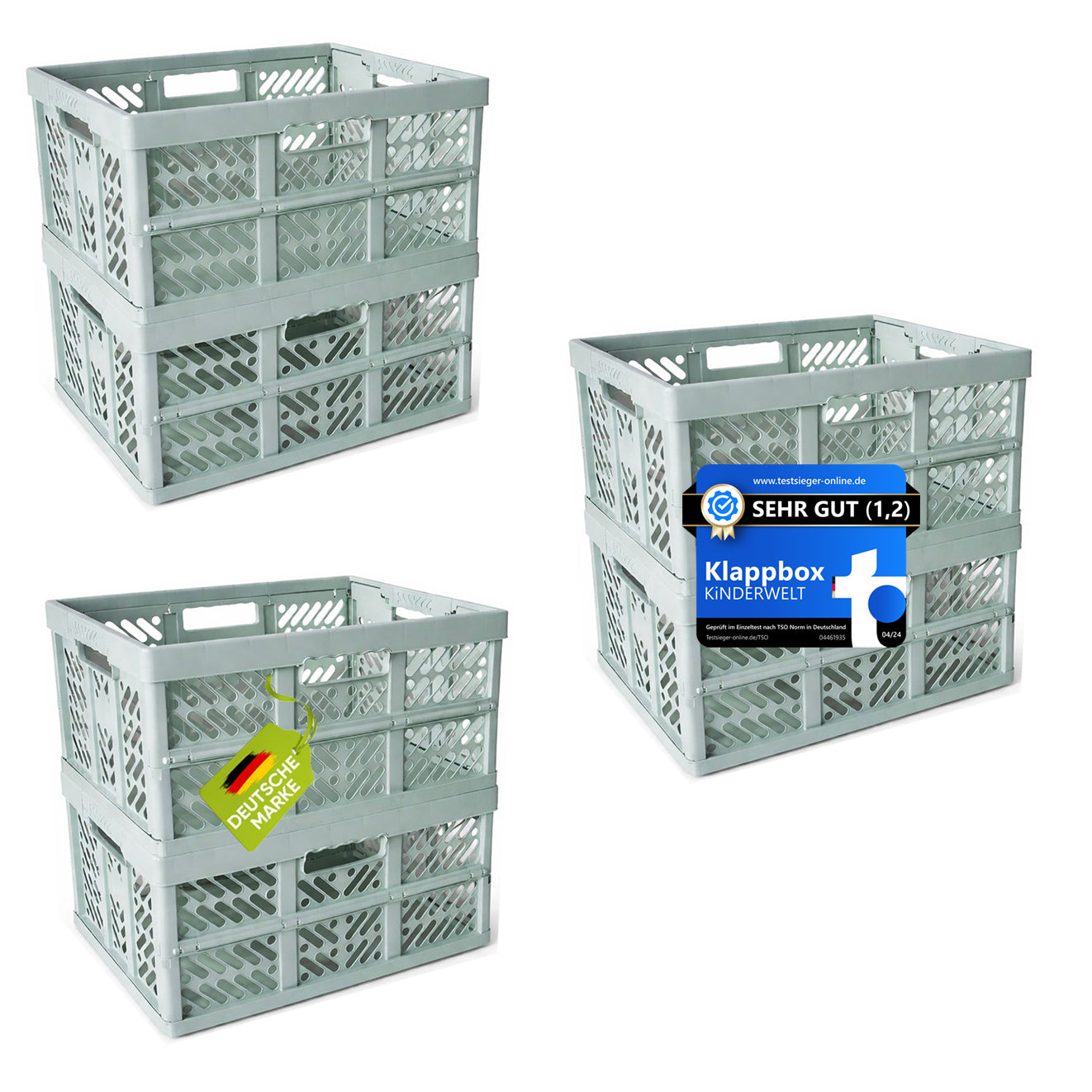 KiNDERWELT 6 x Robuste Profi - Klappbox 45 L bis 50 kg - Faltbox, Kiste, Korb zur Aufbewahrung, Transport - mintweiss