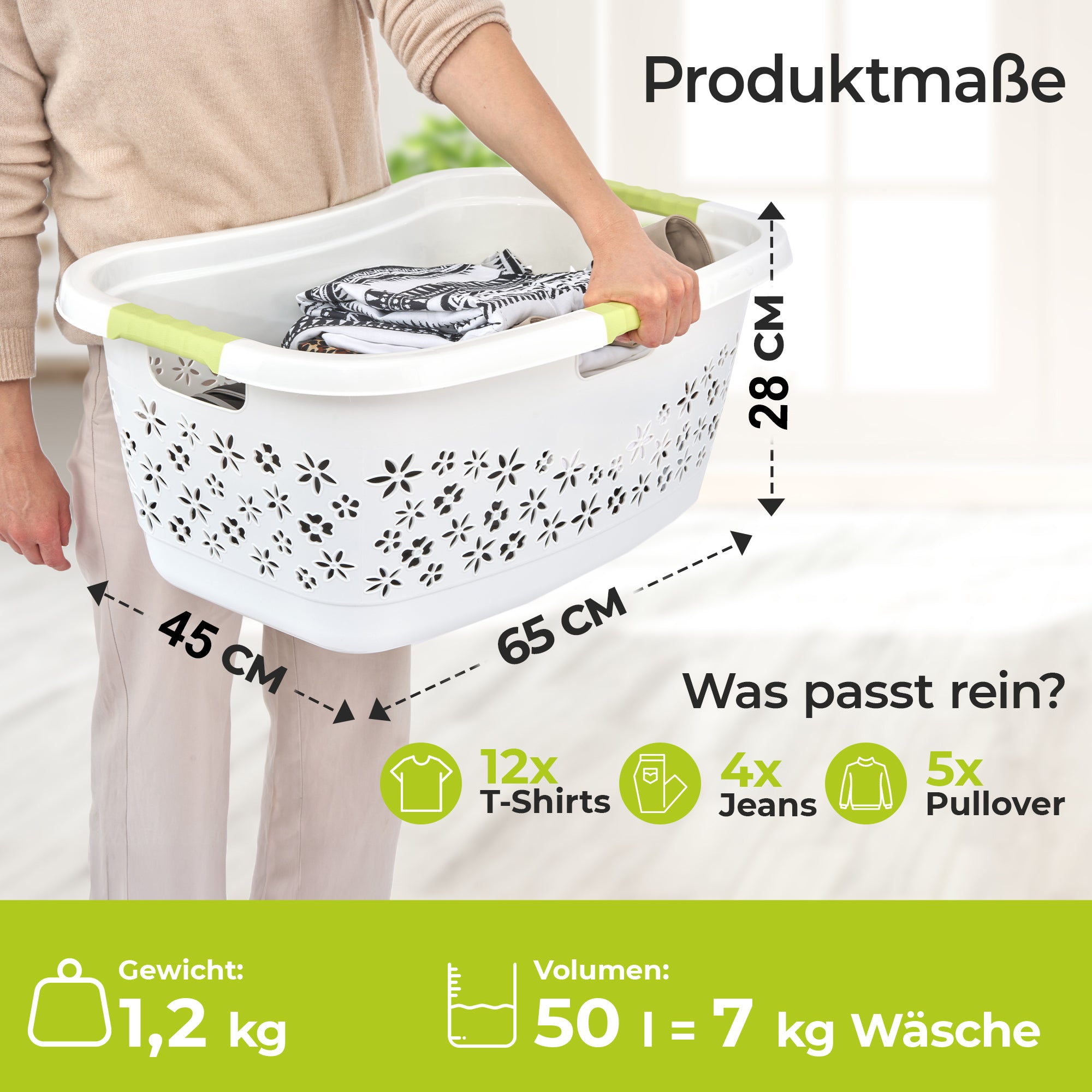 Panier à linge premium 50 L forme ergonomique - poignées soft touch - grand panier blanc