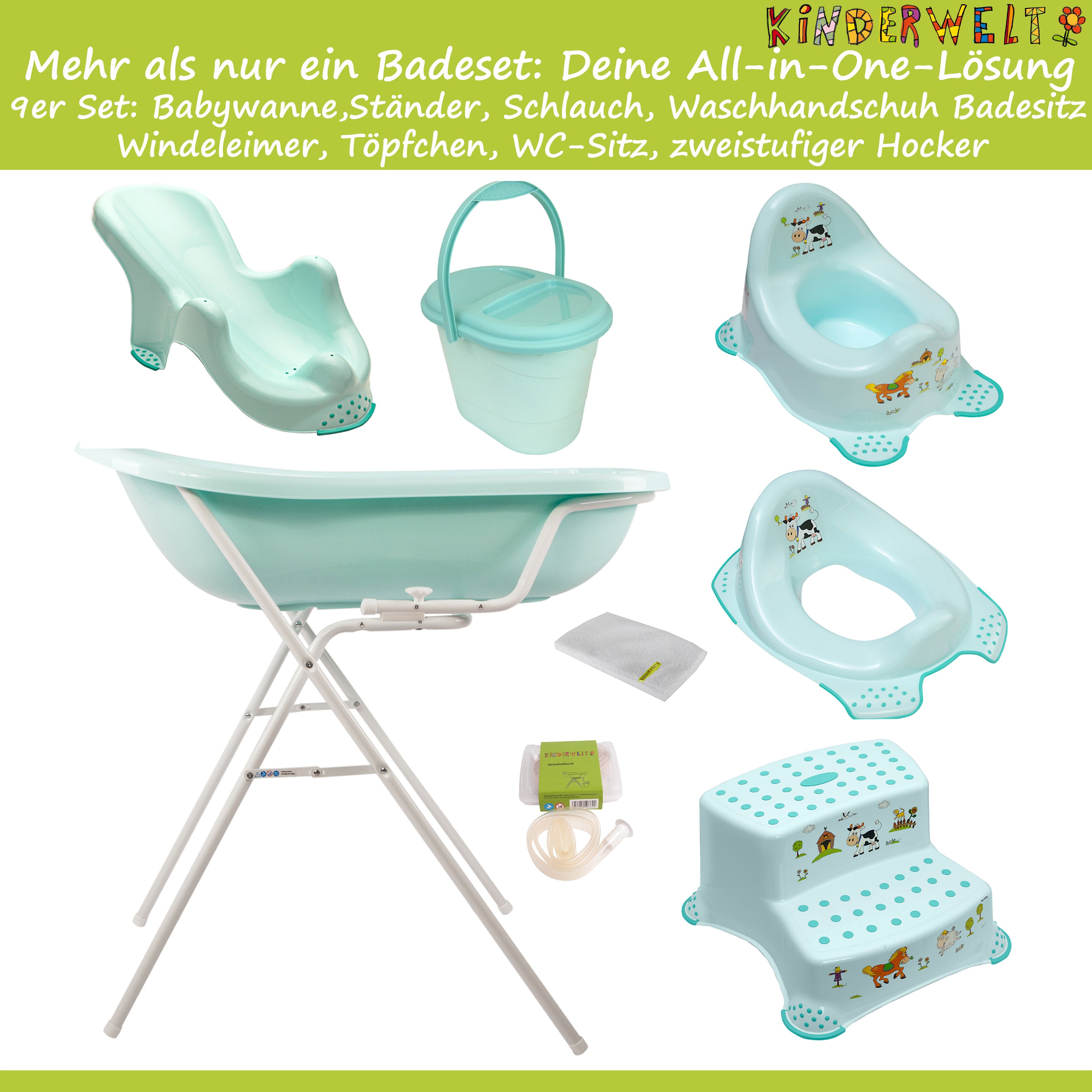 Lot de 9 baignoires Premium Funny Farm aigue-marine XXL 100 cm + support de bain + siège de bain + pot + accessoire WC + tabouret + seau à couches + tuyau d'évacuation + gant de toilette