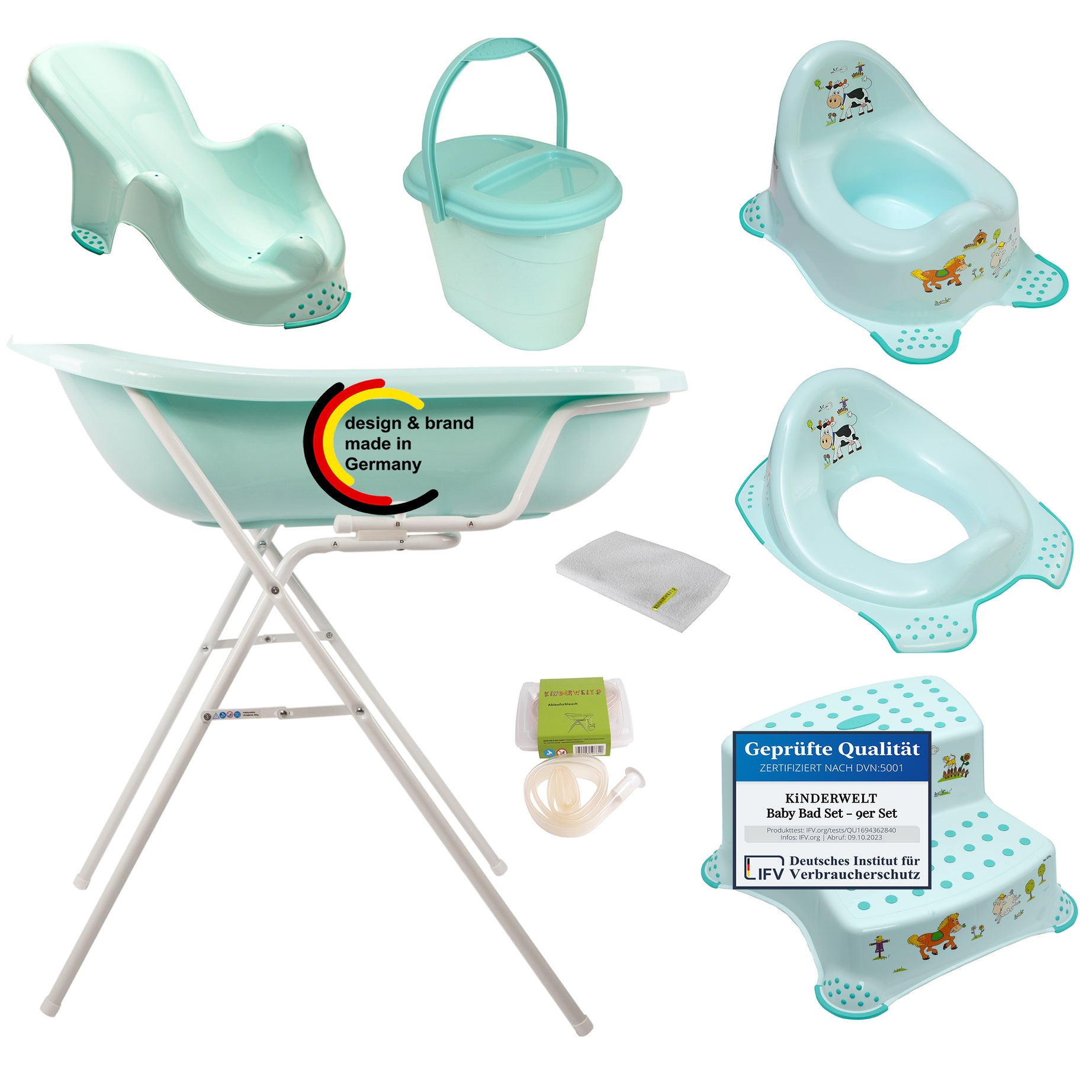 9er Set Premium Funny Farm aquamarin Badewanne XXL 100 cm + Badewannenständer + Badesitz + Topf + WC Aufsatz + Hocker + Windeleimer + Ablaufschlauch + Waschhandschuh