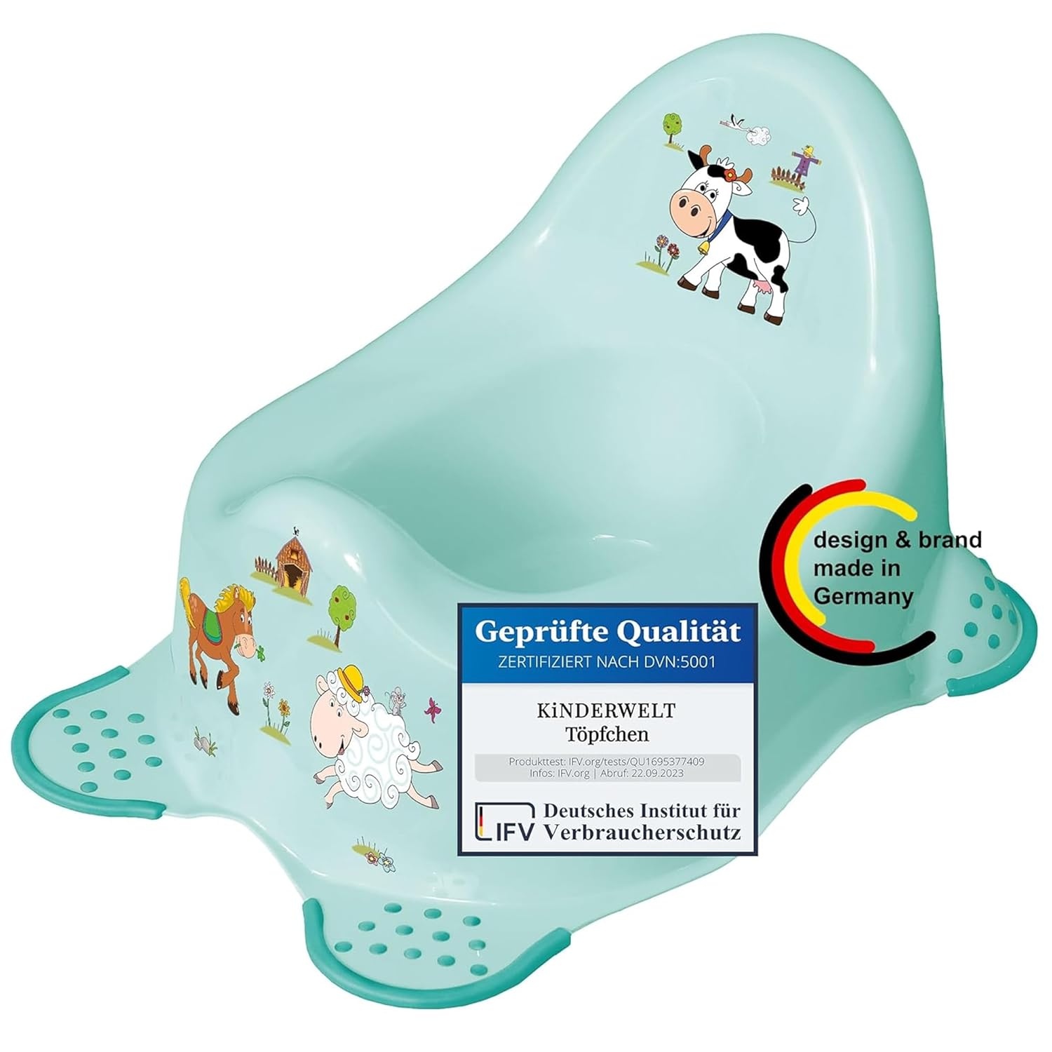 Pot premium Funny Farm aigue-marine pour bébés et enfants, pot bébé stable avec fonction antidérapante
