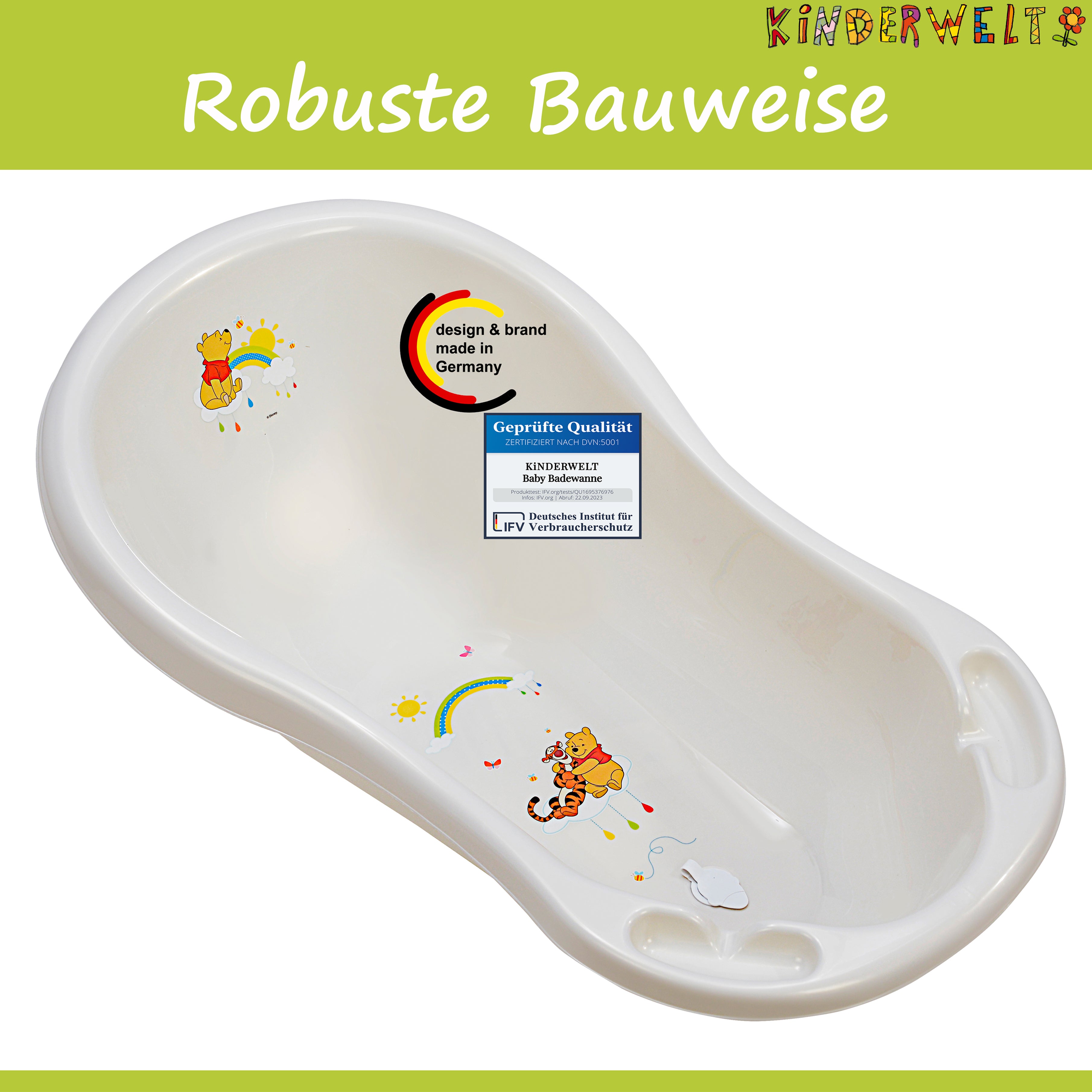Baignoire bébé 84 cm Winnie Pooh blanc perle + support de bain + tuyau d'évacuation