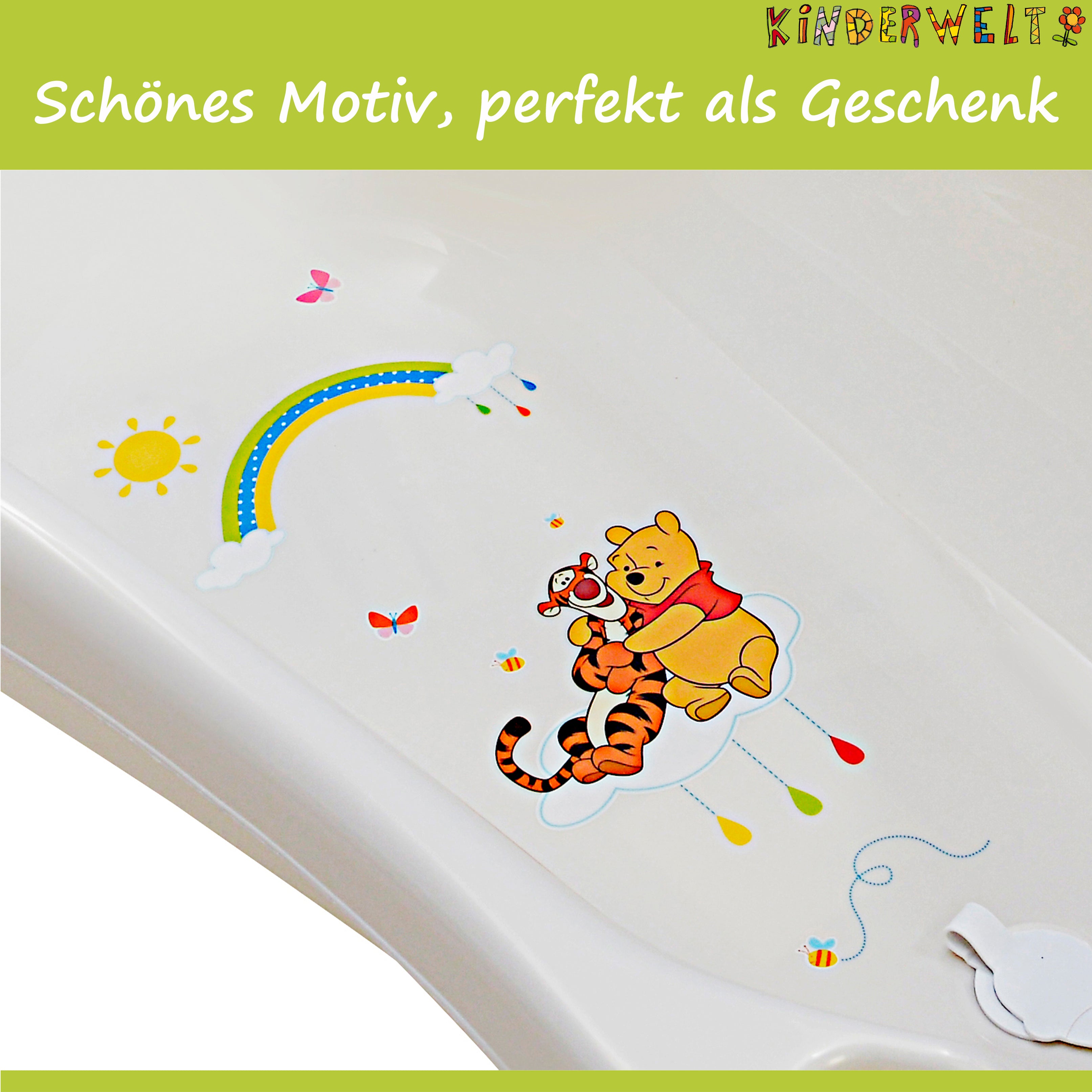 Baignoire bébé 84 cm Winnie Pooh blanc perle + support de bain + tuyau d'évacuation