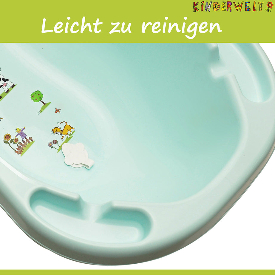 Ergonomische Premium Babybadewanne Funny Farm aquamarin 100 cm mit Ablaufstöpsel