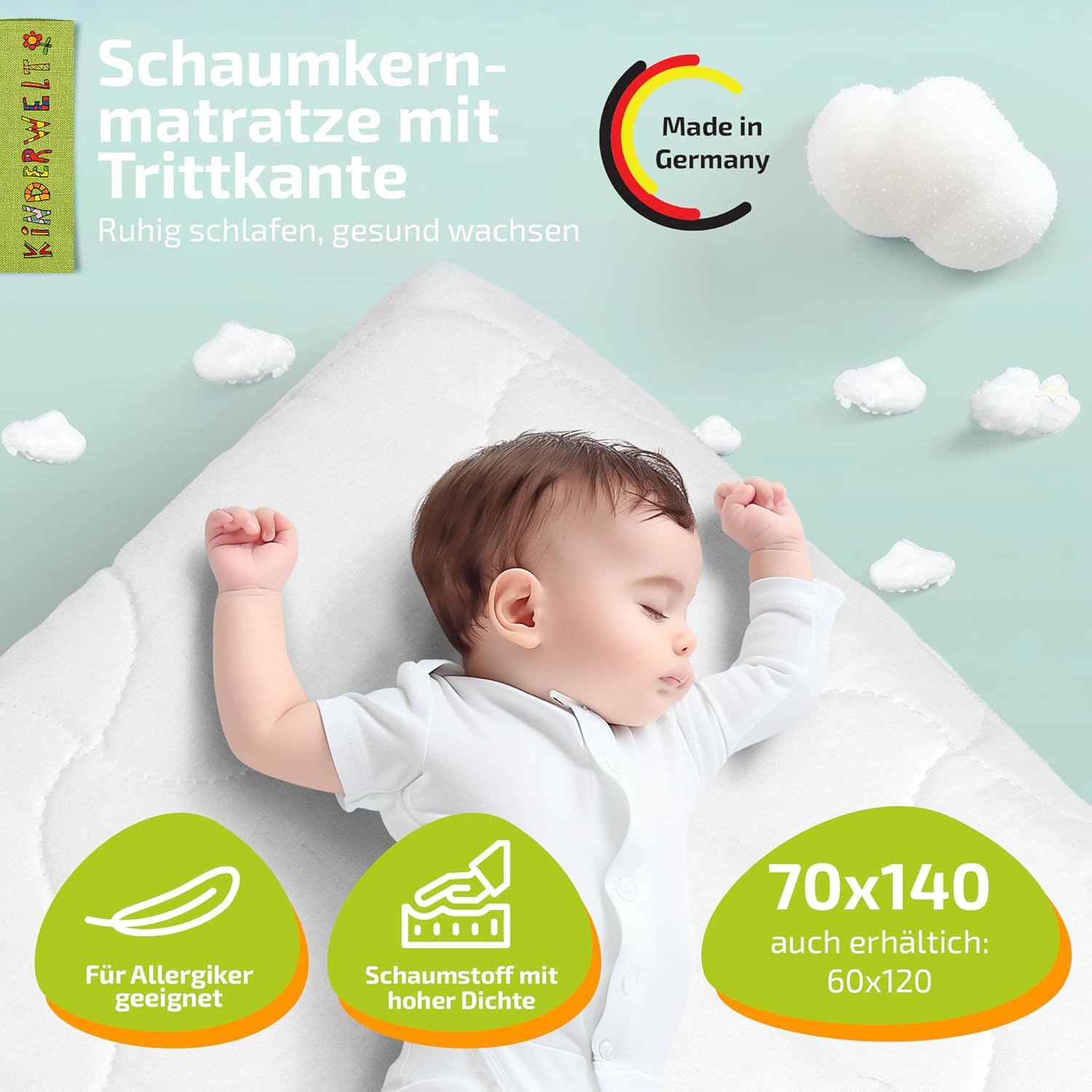 Baby Schaumkernmatratze mit Trittkante Comfort gesteppt Babymatratze Matratze 70 x 140  x 7