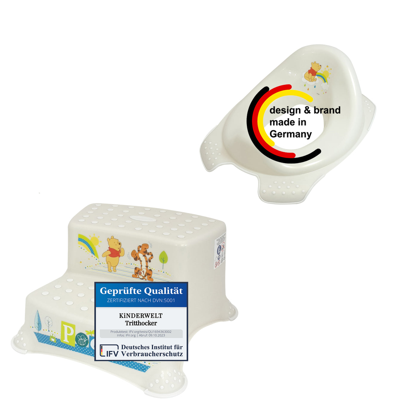 Lot de 2 Z : Abattant WC blanc nacré Winnie l'ourson + marchepied 2 marches