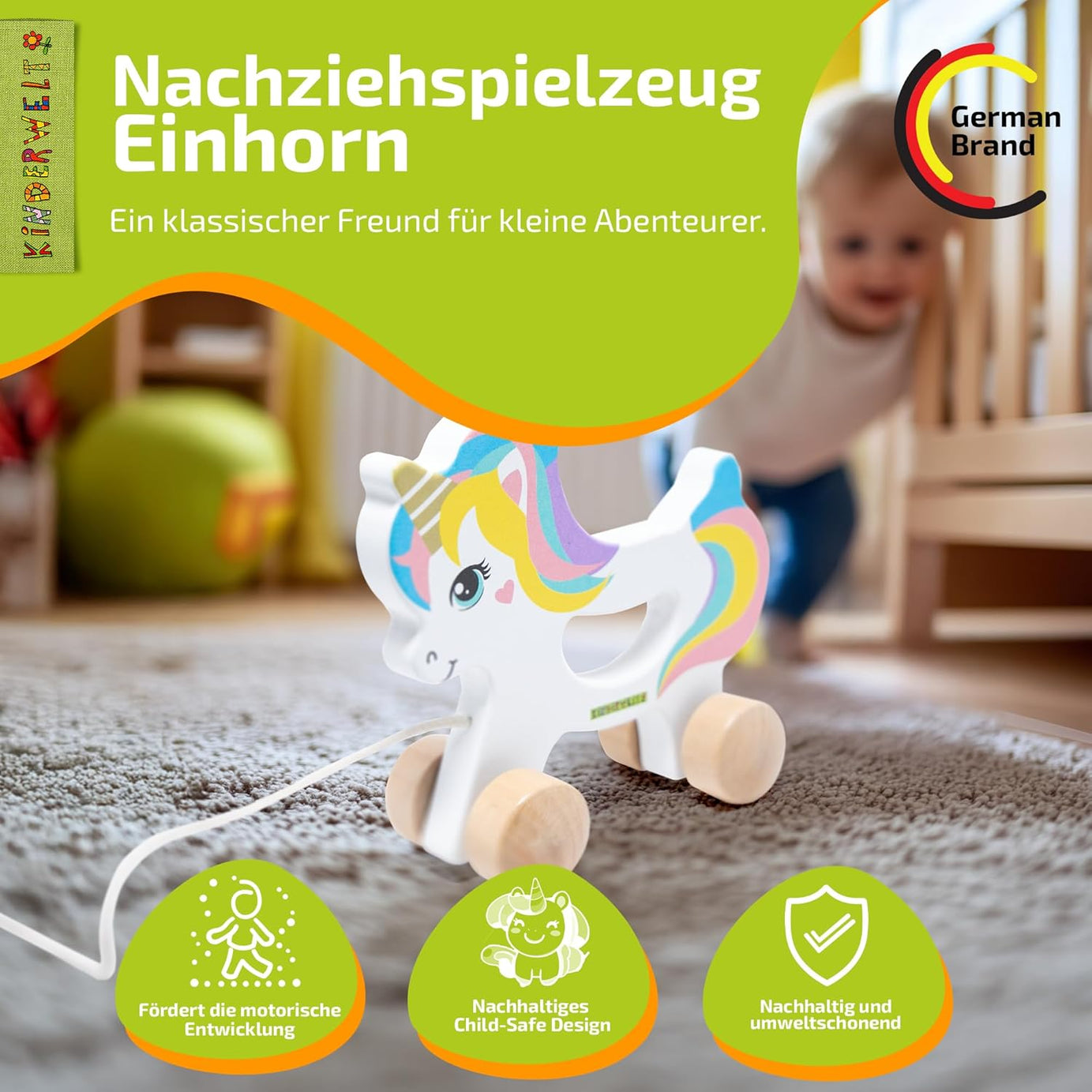 Nachziehspielzeug Einhorn aus Holz, kindgerechtes Lernspielzeug, Kinderspielzeug zum Ziehen, Schieben und Spielen